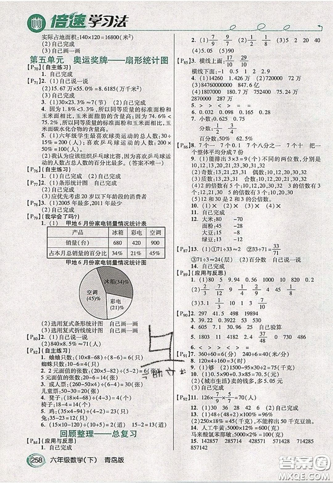 萬(wàn)向思維2020年倍速學(xué)習(xí)法教材導(dǎo)學(xué)練六年級(jí)數(shù)學(xué)下青島版參考答案