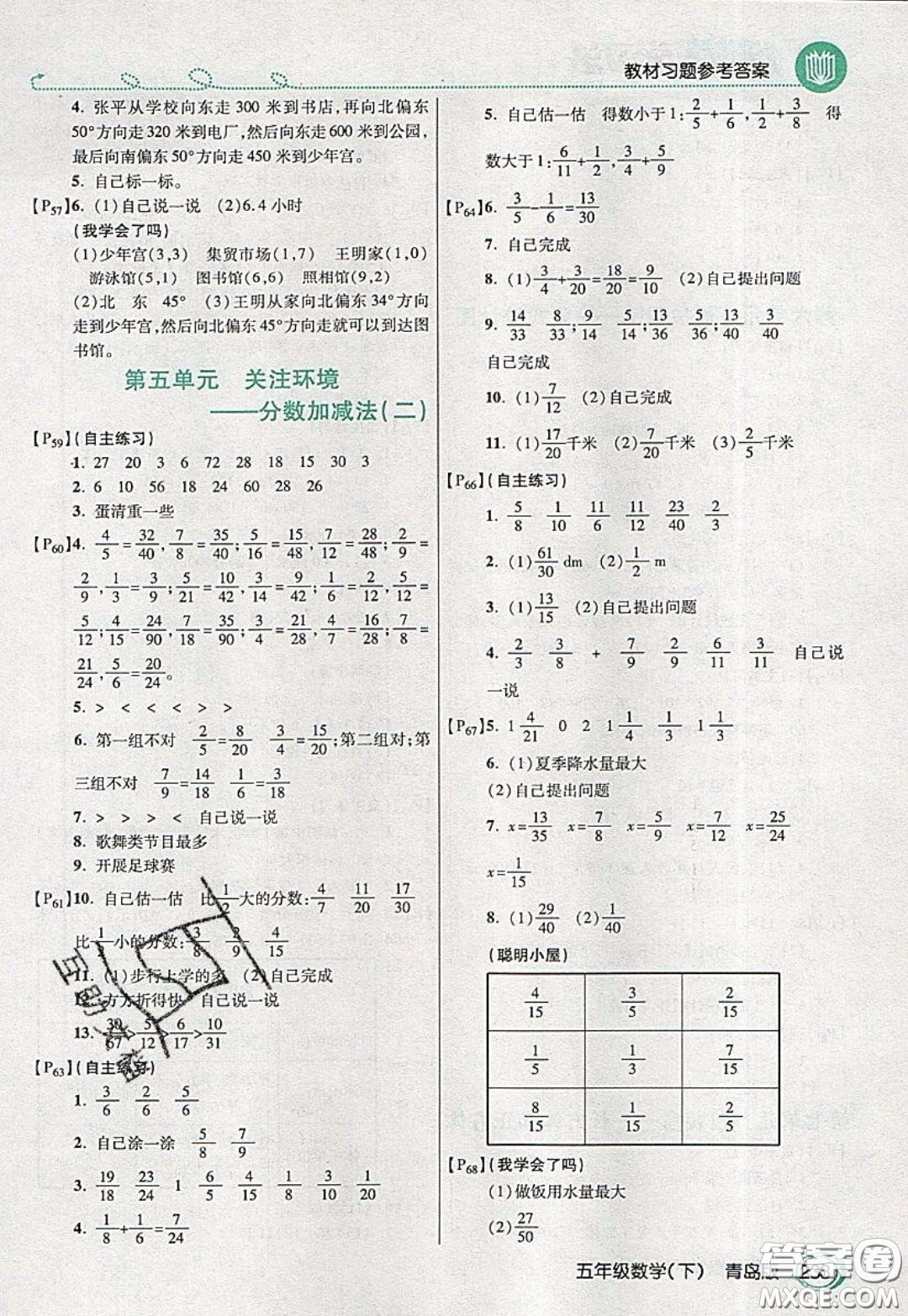 萬向思維2020年倍速學(xué)習(xí)法教材導(dǎo)學(xué)練五年級數(shù)學(xué)下青島版參考答案