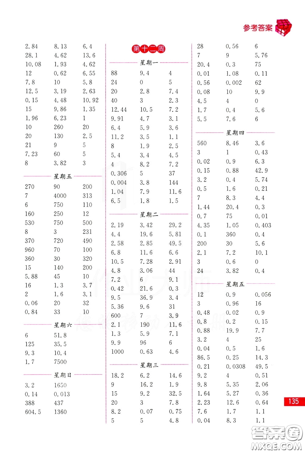 名師點撥2020年口算練習冊五年級下參考答案