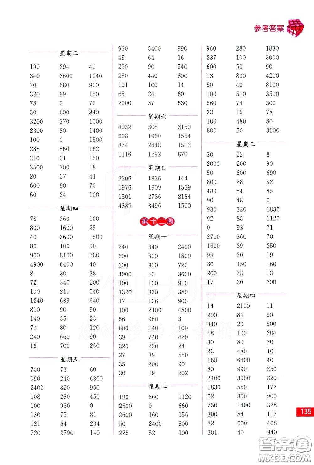 名師點撥2020年口算練習冊三年級下參考答案