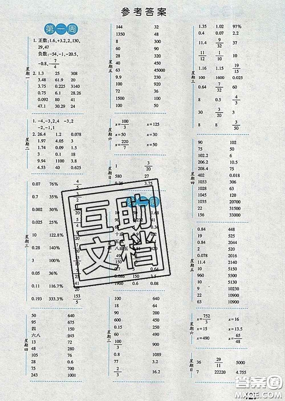 2020年經(jīng)綸學典口算達人六年級數(shù)學下冊人教版答案