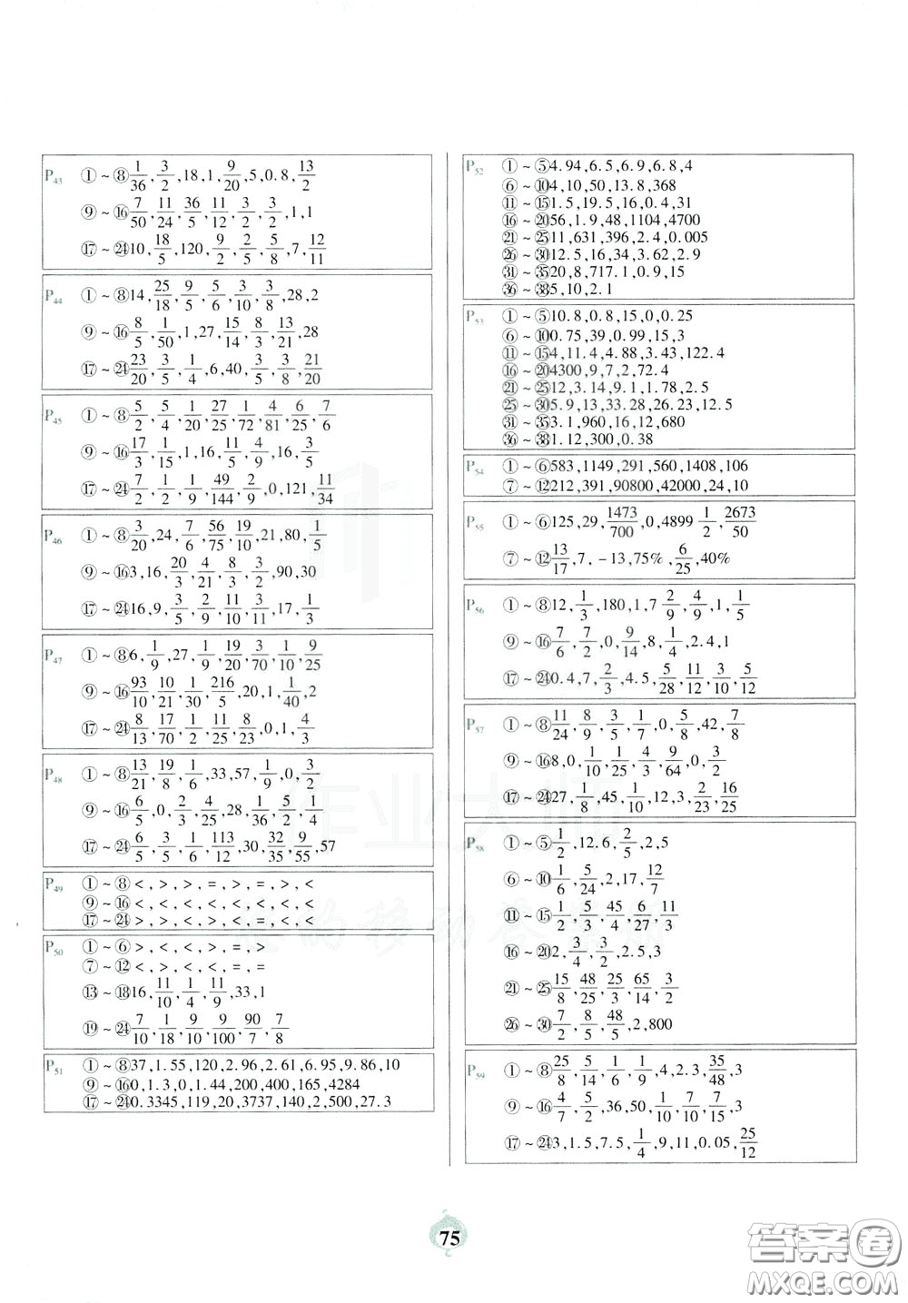 2020年計算小能手口算題卡六年級下RJ人教版參考答案