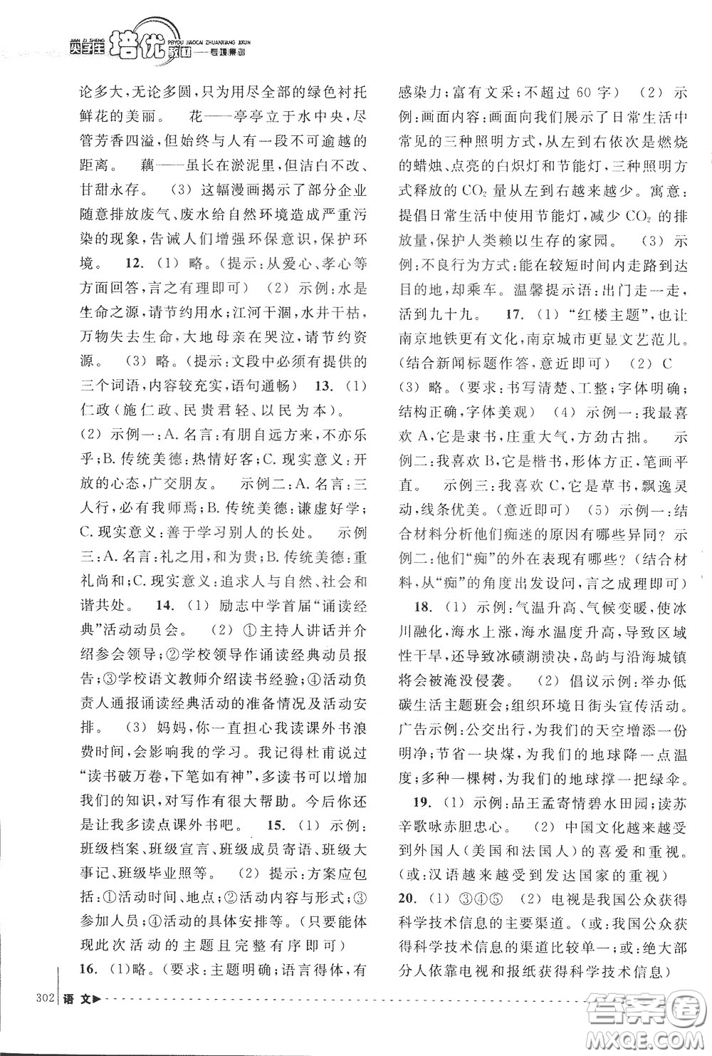 南方出版社2020年尖子生培優(yōu)教材專項(xiàng)集訓(xùn)語(yǔ)文初中綜合版參考答案