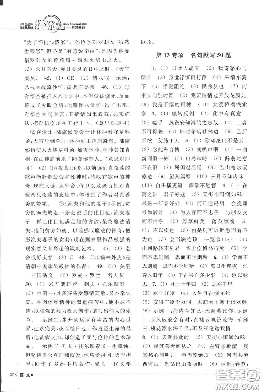 南方出版社2020年尖子生培優(yōu)教材專項(xiàng)集訓(xùn)語(yǔ)文初中綜合版參考答案