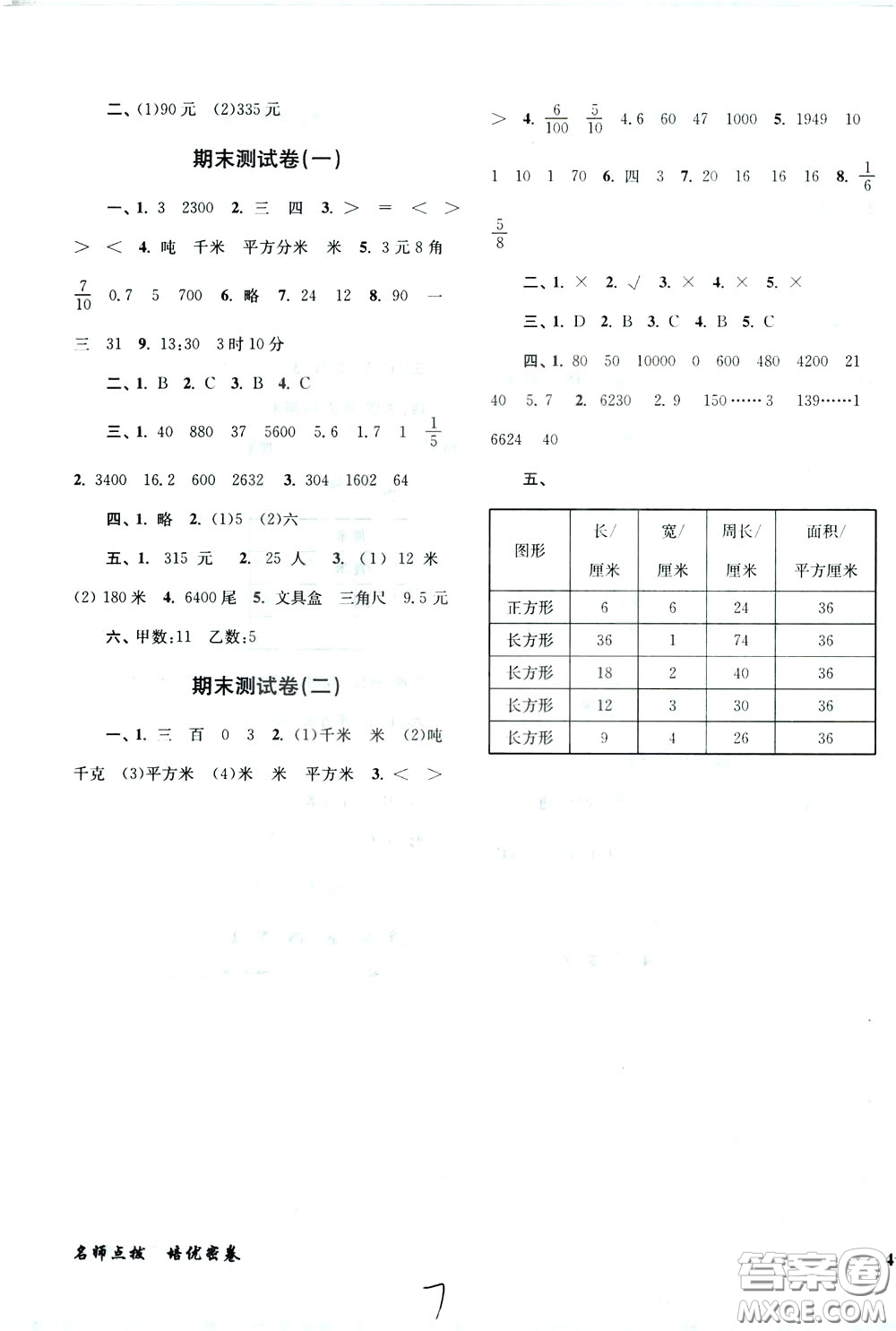 2020年名師點(diǎn)撥培優(yōu)密卷數(shù)學(xué)三年級(jí)下江蘇版參考答案