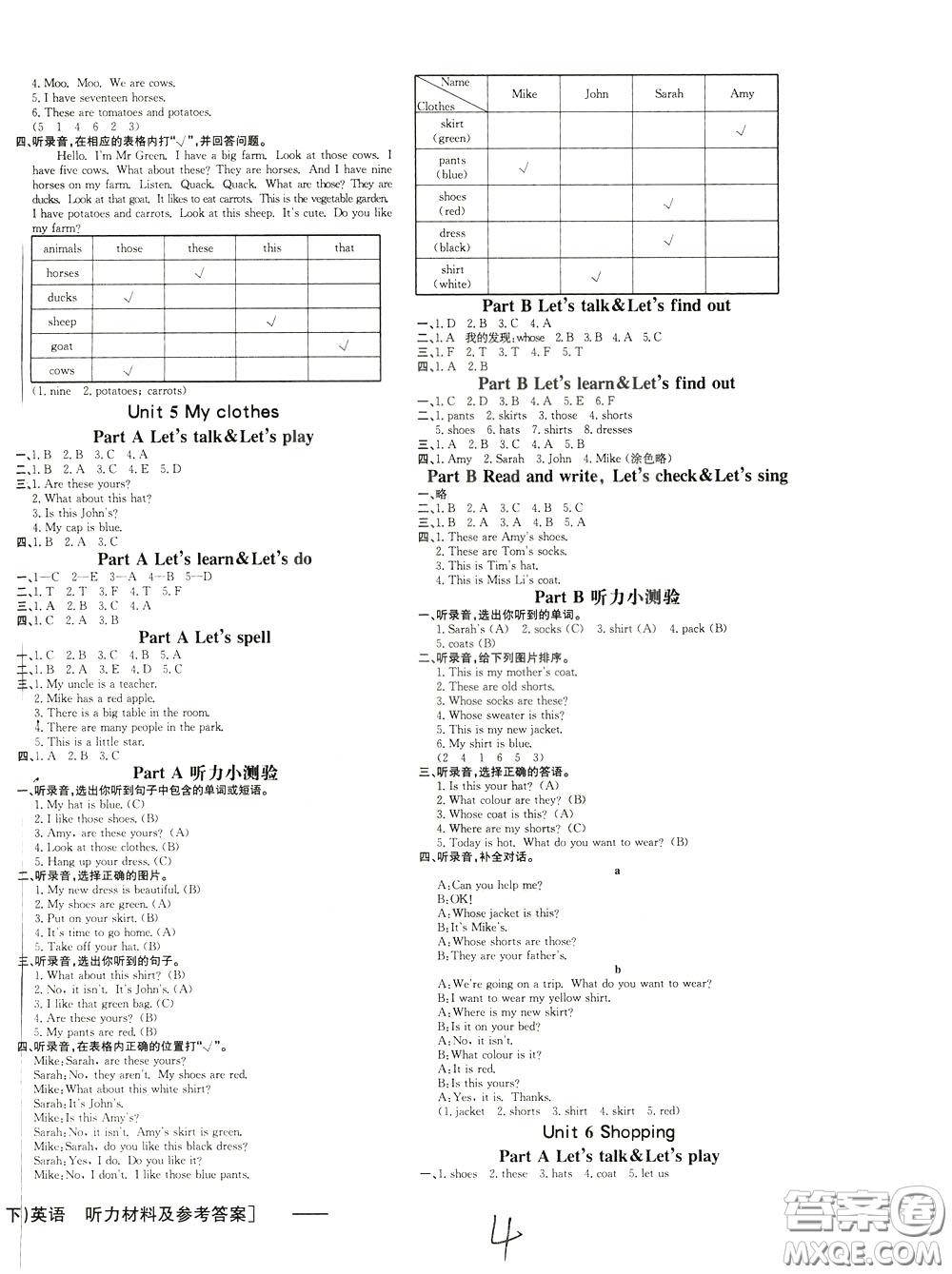 鐘書(shū)金牌2020年非常1+1一課一練四年級(jí)下冊(cè)英語(yǔ)RPEP版人教版參考答案