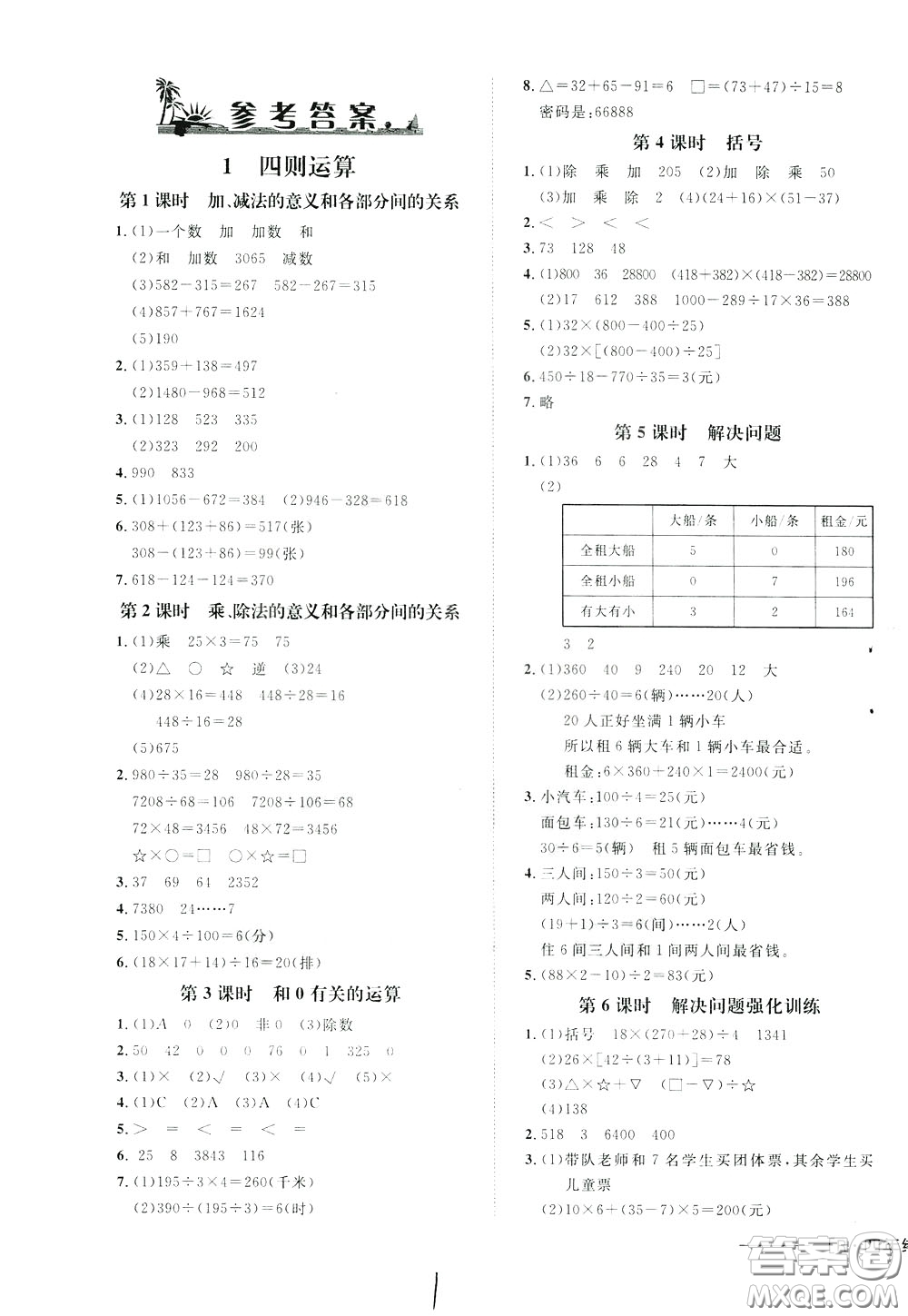 鐘書金牌2020年非常1+1一課一練四年級下冊數(shù)學(xué)R版人教版參考答案