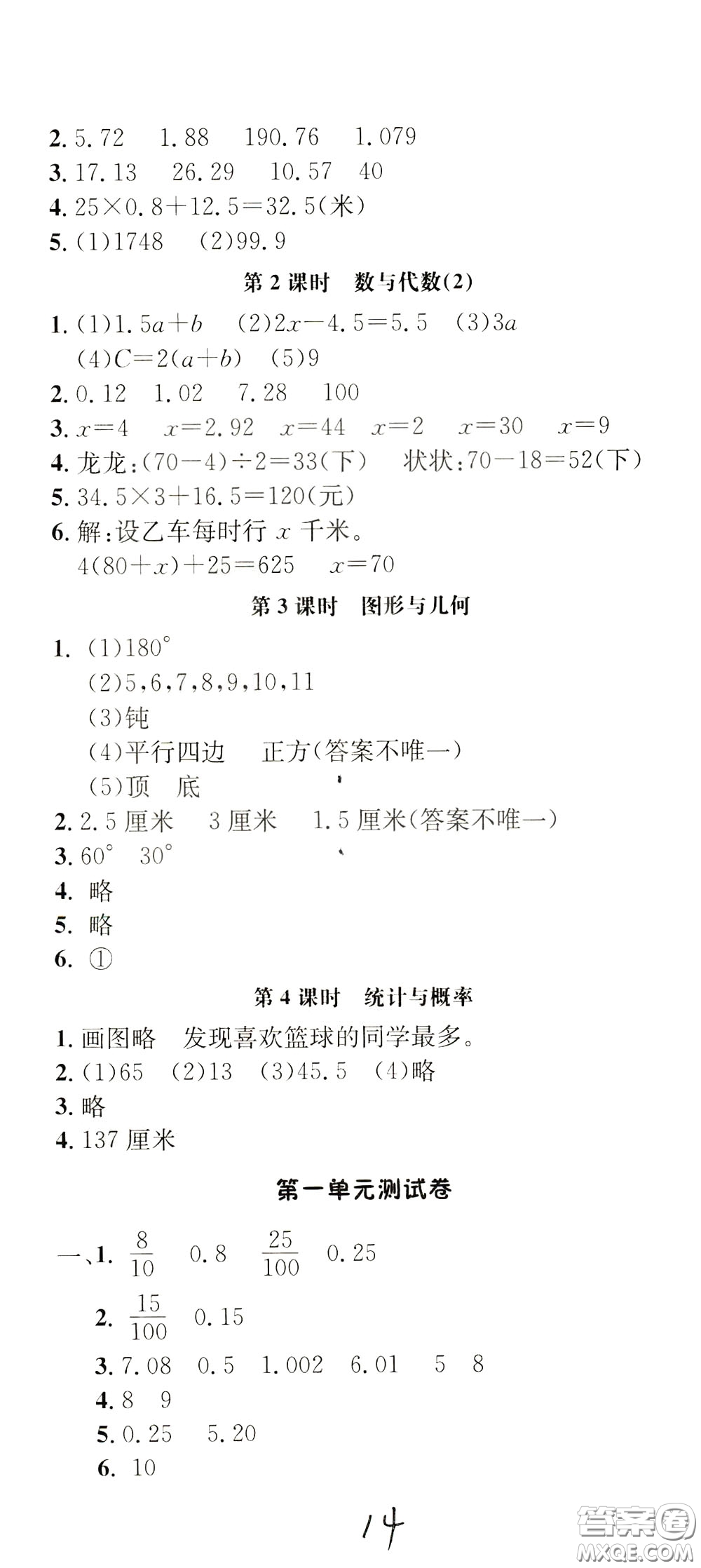 鐘書金牌2020年非常1+1一課一練四年級下冊數(shù)學(xué)BS版北師大版參考答案