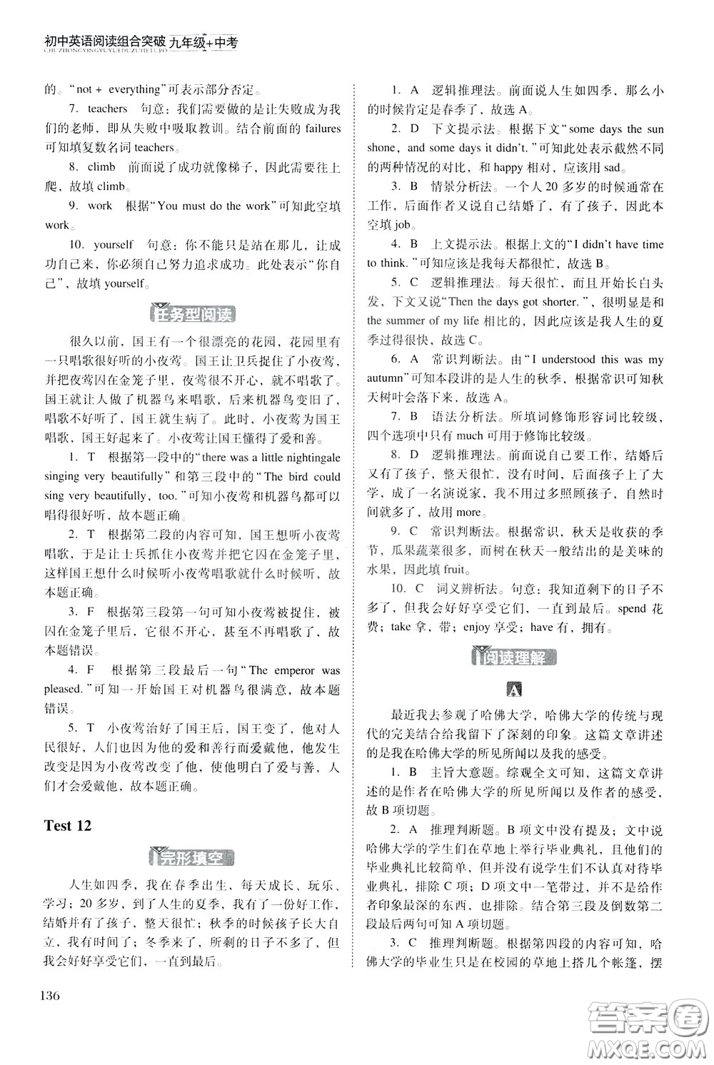 2020年木頭馬初中英語閱讀組合突破名師特訓(xùn)九年級中考參考答案