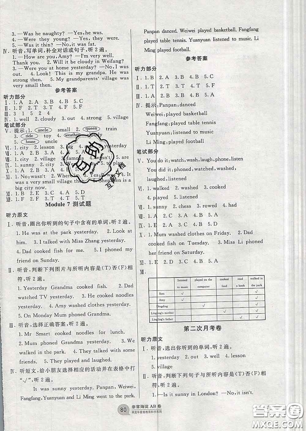 2020年非常海淀單元測試AB卷四年級英語下冊外研版三起答案