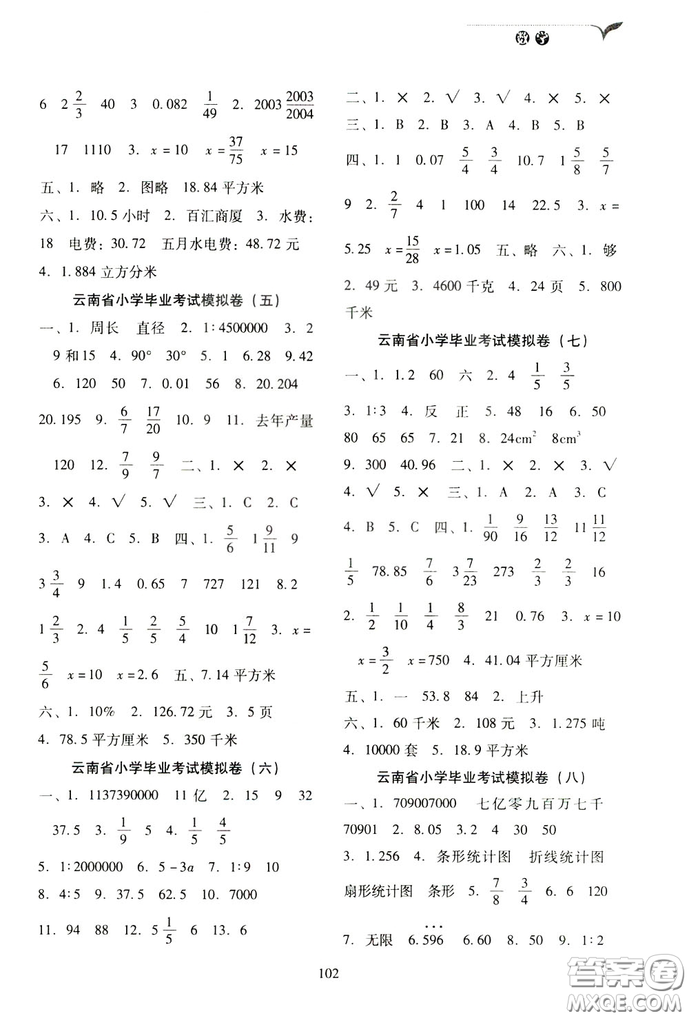 2020年云南省名校名卷小學(xué)畢業(yè)沖刺100分?jǐn)?shù)學(xué)參考答案