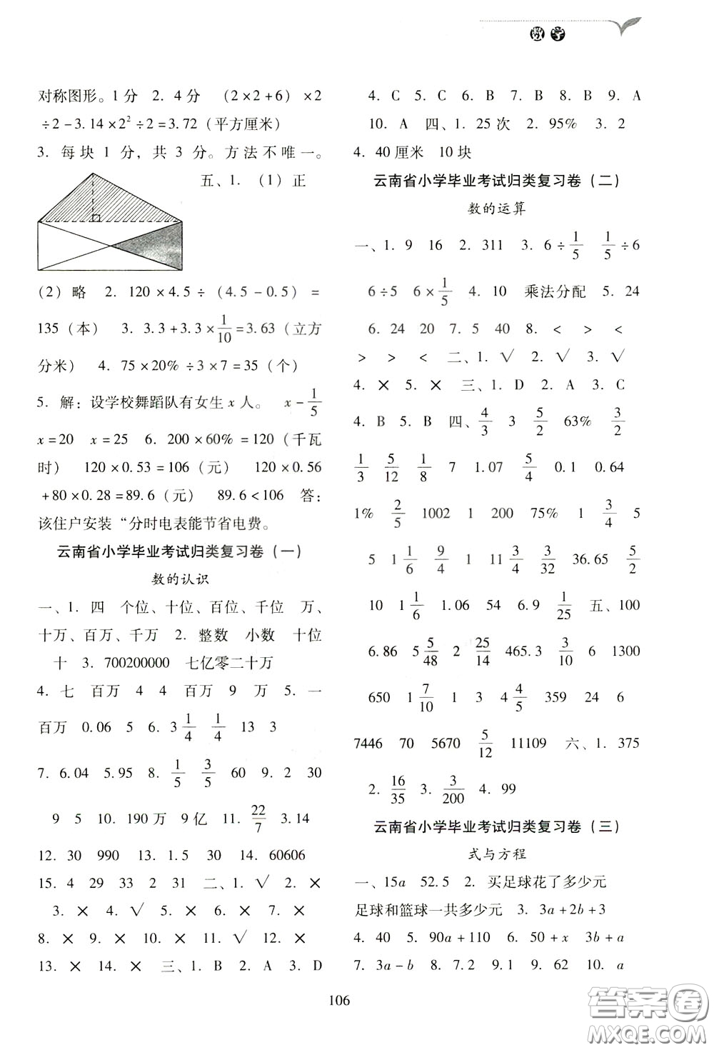 2020年云南省名校名卷小學(xué)畢業(yè)沖刺100分?jǐn)?shù)學(xué)參考答案