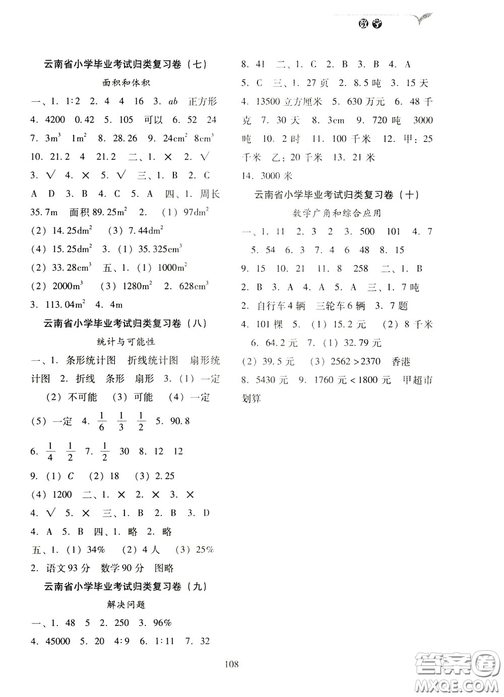 2020年云南省名校名卷小學(xué)畢業(yè)沖刺100分?jǐn)?shù)學(xué)參考答案