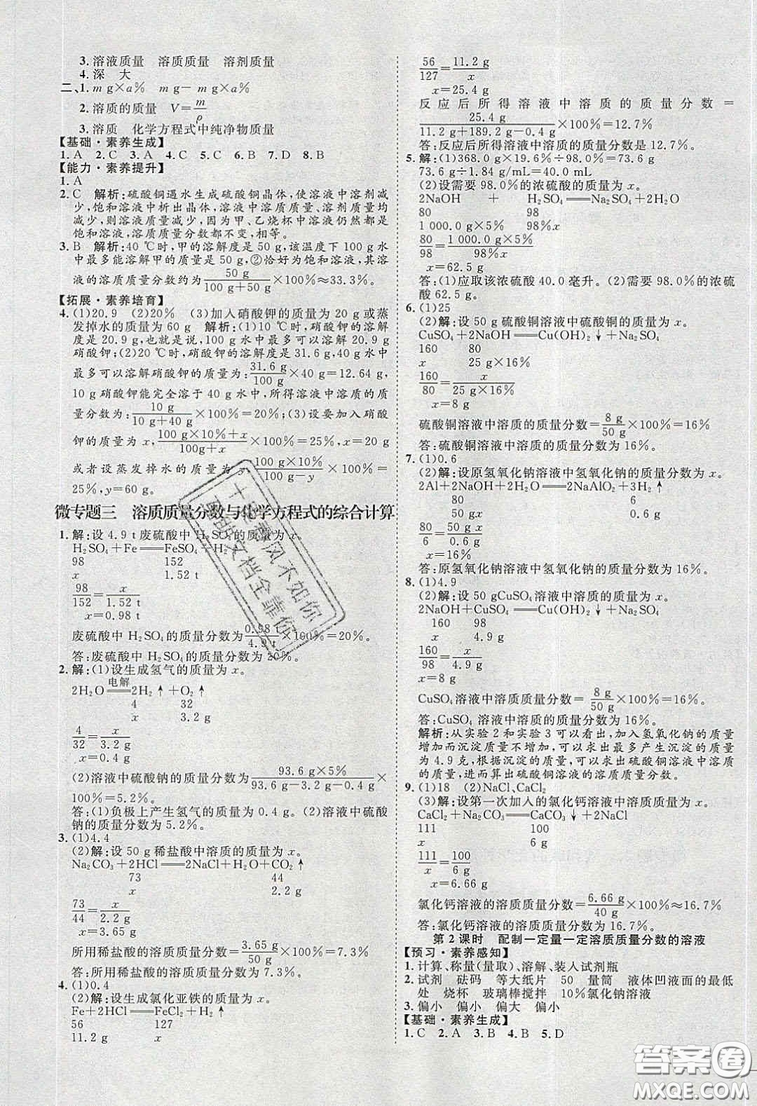 2020春優(yōu)加學(xué)案課時通九年級化學(xué)下冊Y版答案