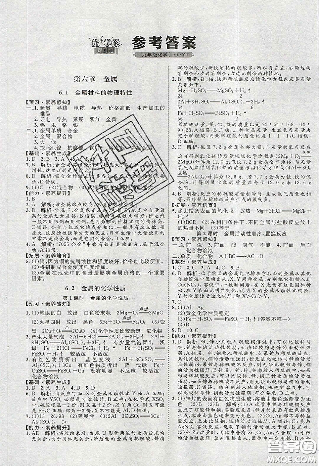 2020春優(yōu)加學(xué)案課時通九年級化學(xué)下冊Y版答案