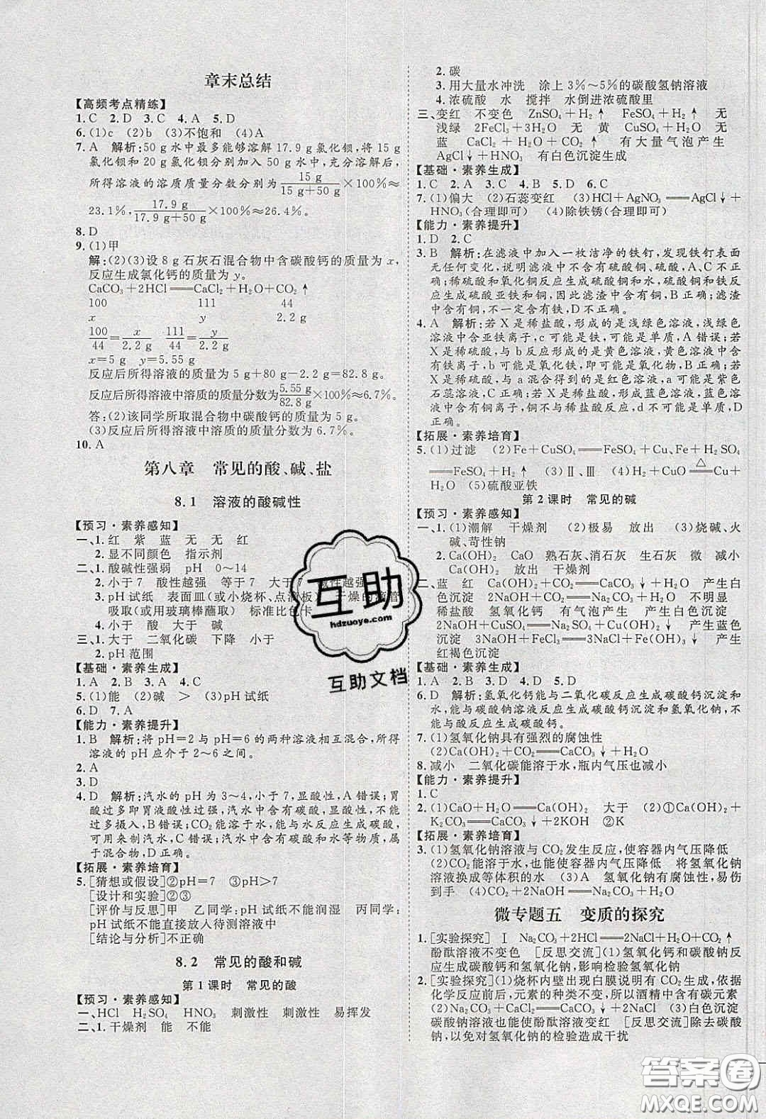 2020春優(yōu)加學(xué)案課時通九年級化學(xué)下冊Y版答案