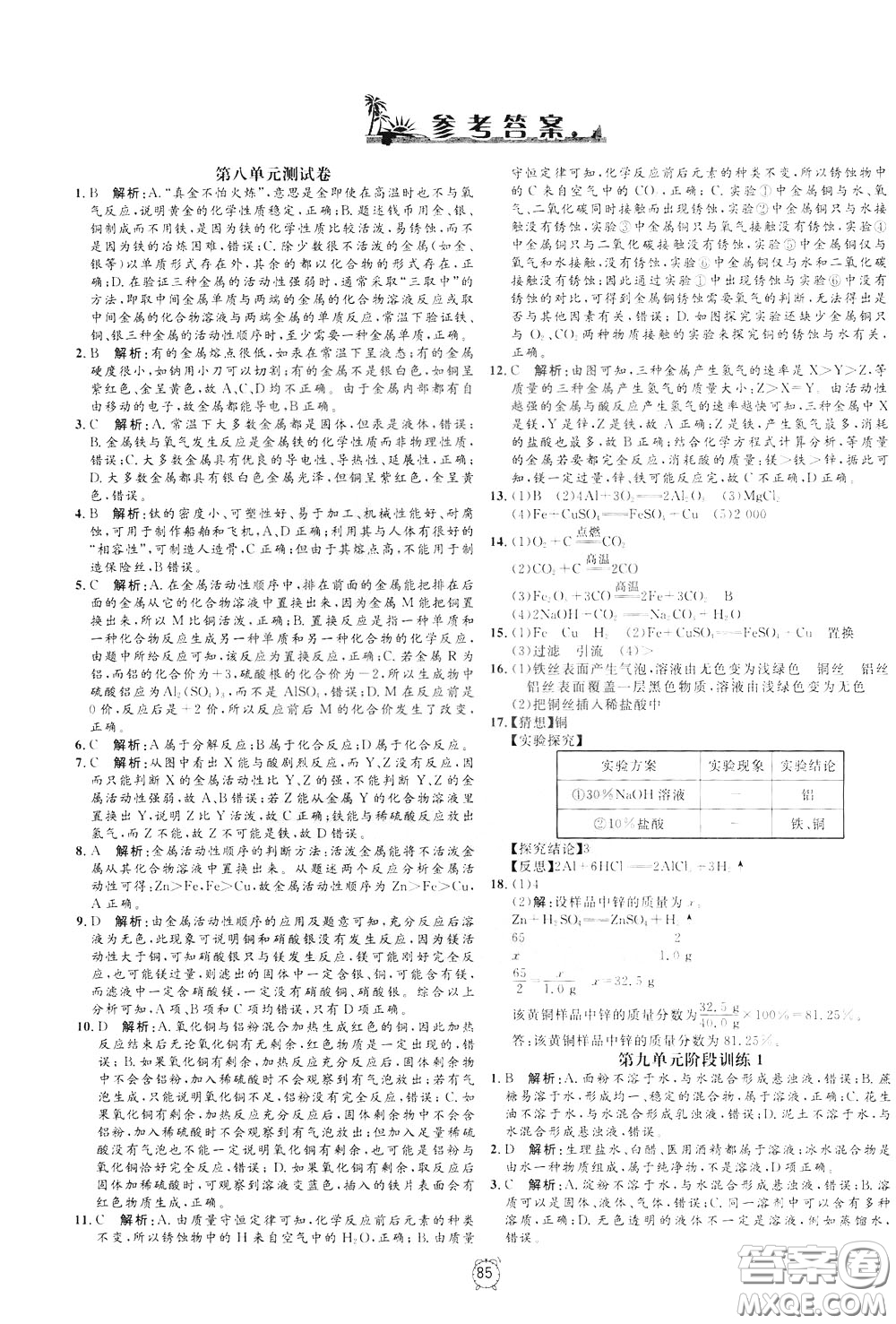 上海大學(xué)出版社2020年過關(guān)沖刺100分化學(xué)九年級下冊R版人教版參考答案