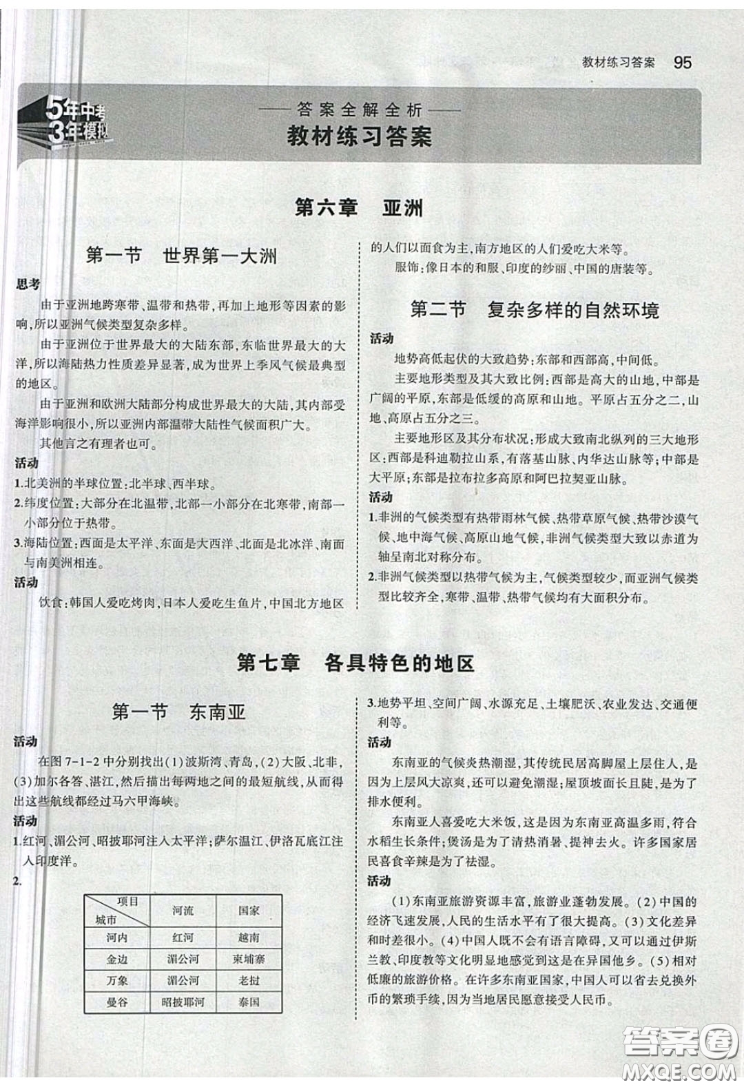 商務印書館2020義務教育教科書七年級地理下冊商務星球版答案