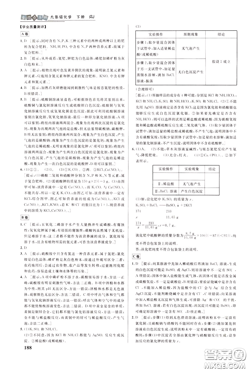 華中師范大學(xué)出版社2020年重難點(diǎn)手冊九年級化學(xué)下冊RJ人教版參考答案