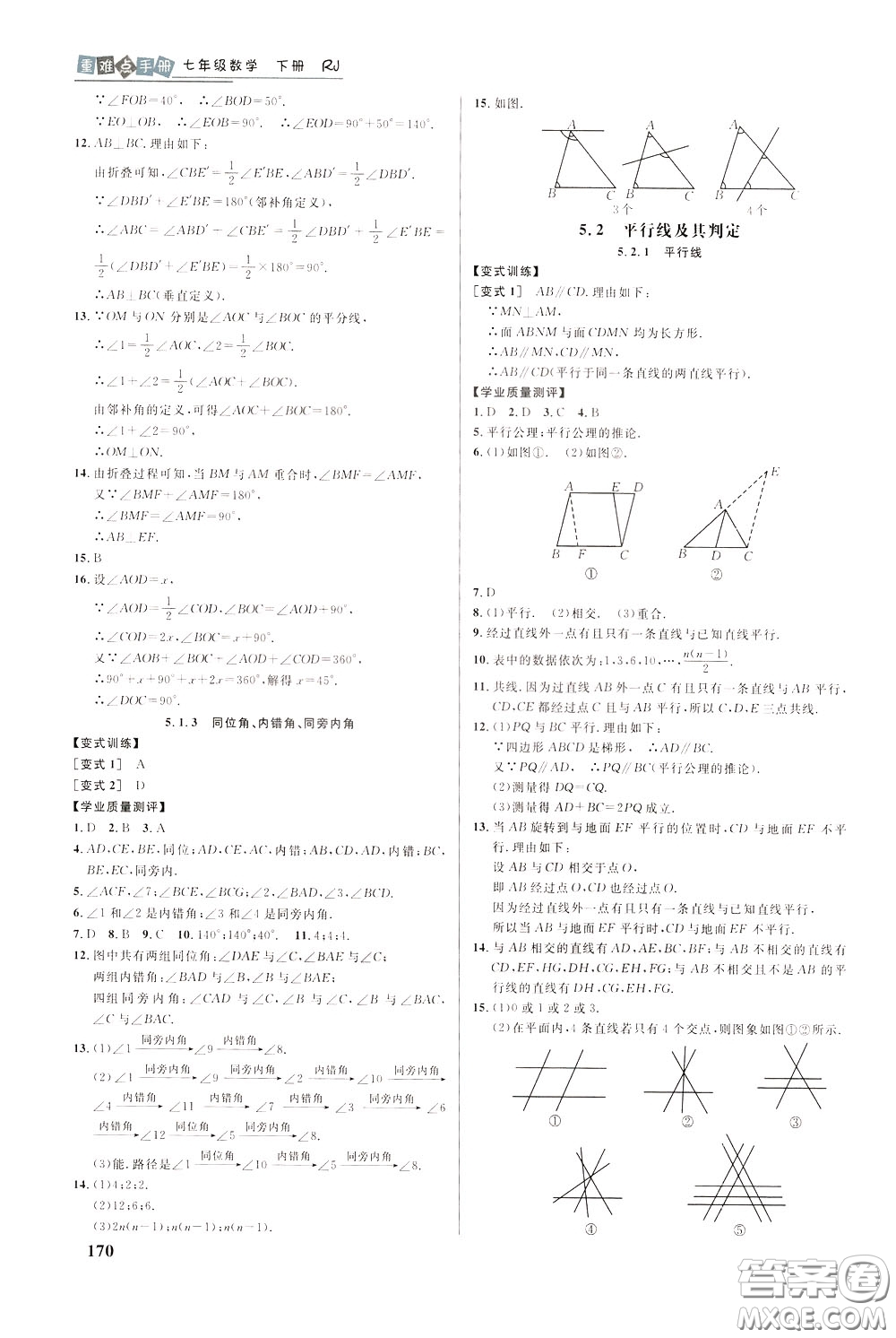 華中師范大學(xué)出版社2020年重難點(diǎn)手冊(cè)七年級(jí)數(shù)學(xué)下冊(cè)RJ人教版參考答案