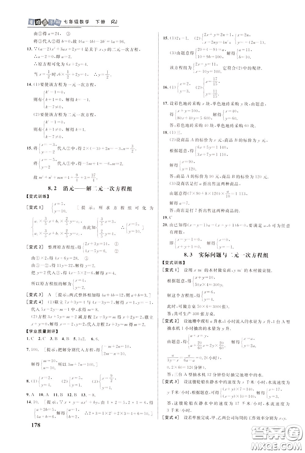 華中師范大學(xué)出版社2020年重難點(diǎn)手冊(cè)七年級(jí)數(shù)學(xué)下冊(cè)RJ人教版參考答案