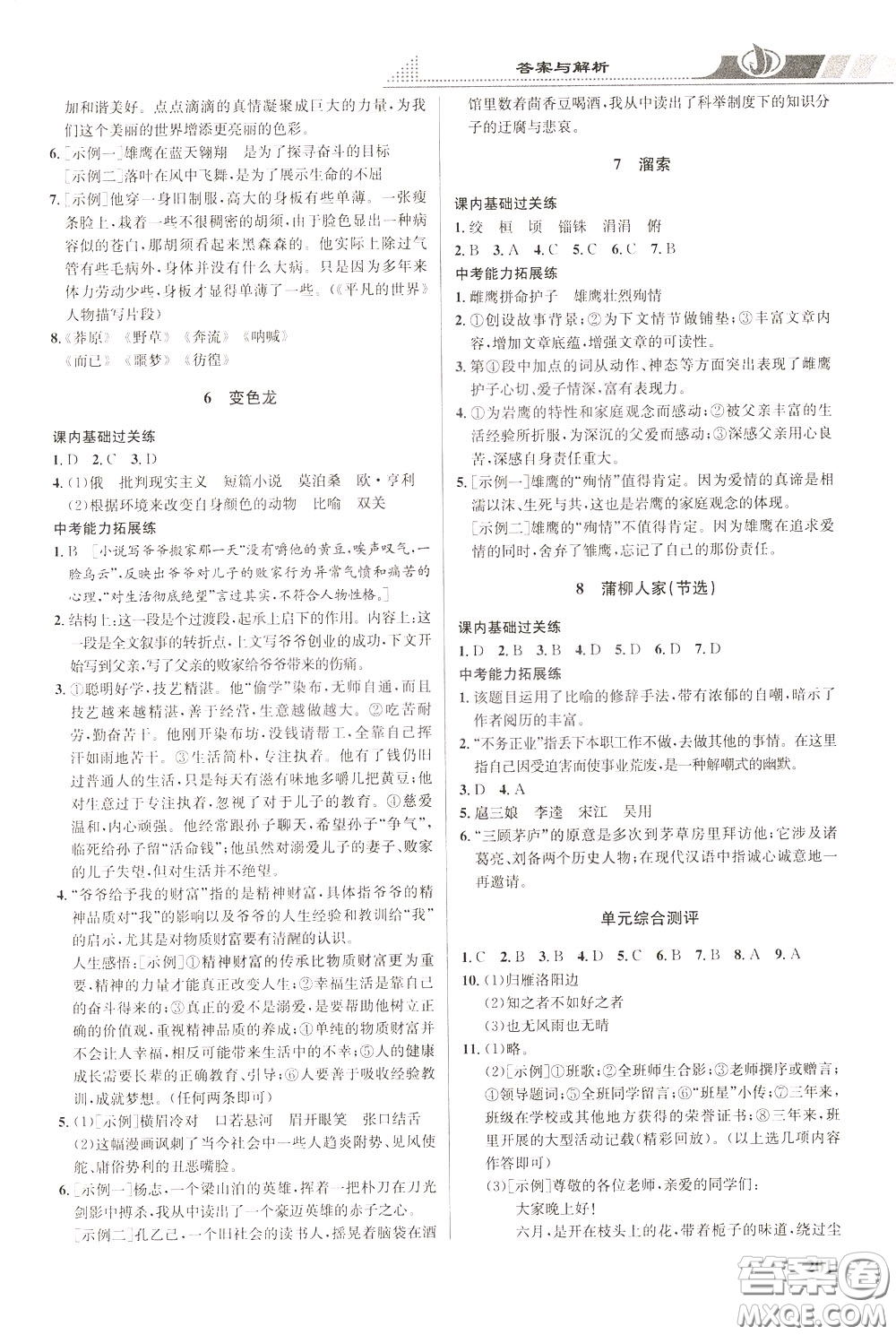 華中師范大學(xué)出版社2020年重難點手冊九年級語文下冊RJ人教版參考答案