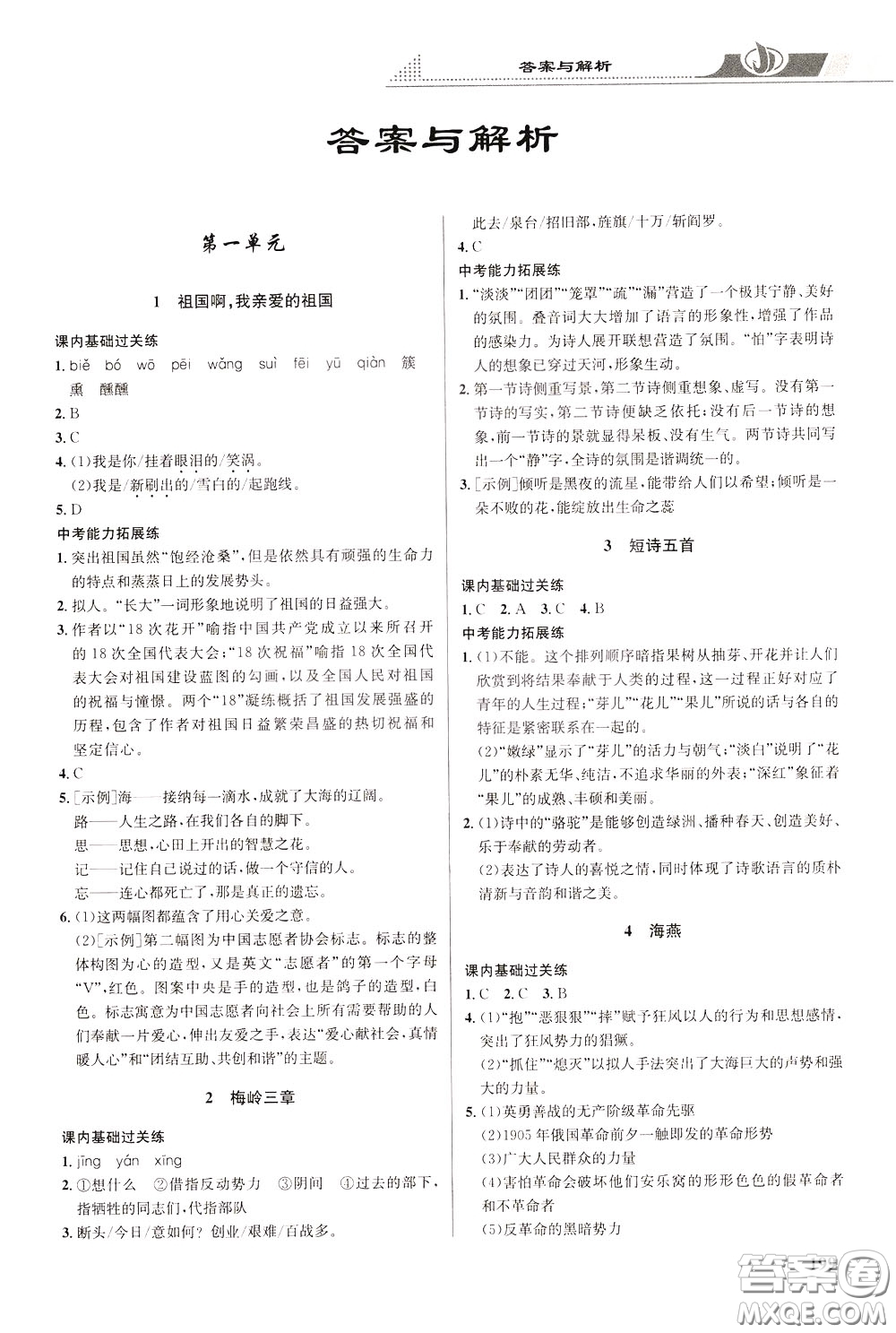 華中師范大學(xué)出版社2020年重難點手冊九年級語文下冊RJ人教版參考答案