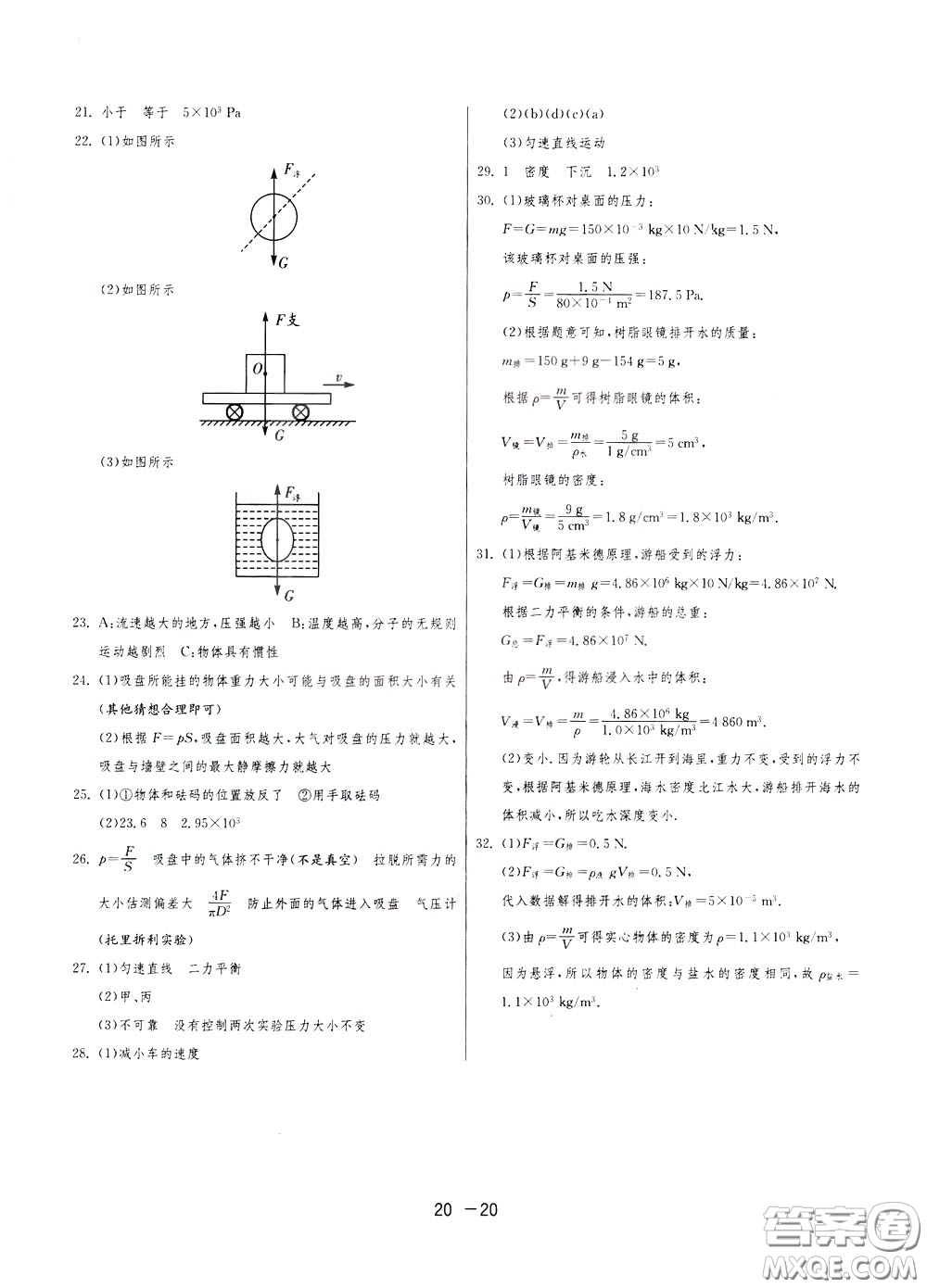 2020升級版1課3練單元達標(biāo)測試物理八年級下冊JSKJ江蘇科教版參考答案