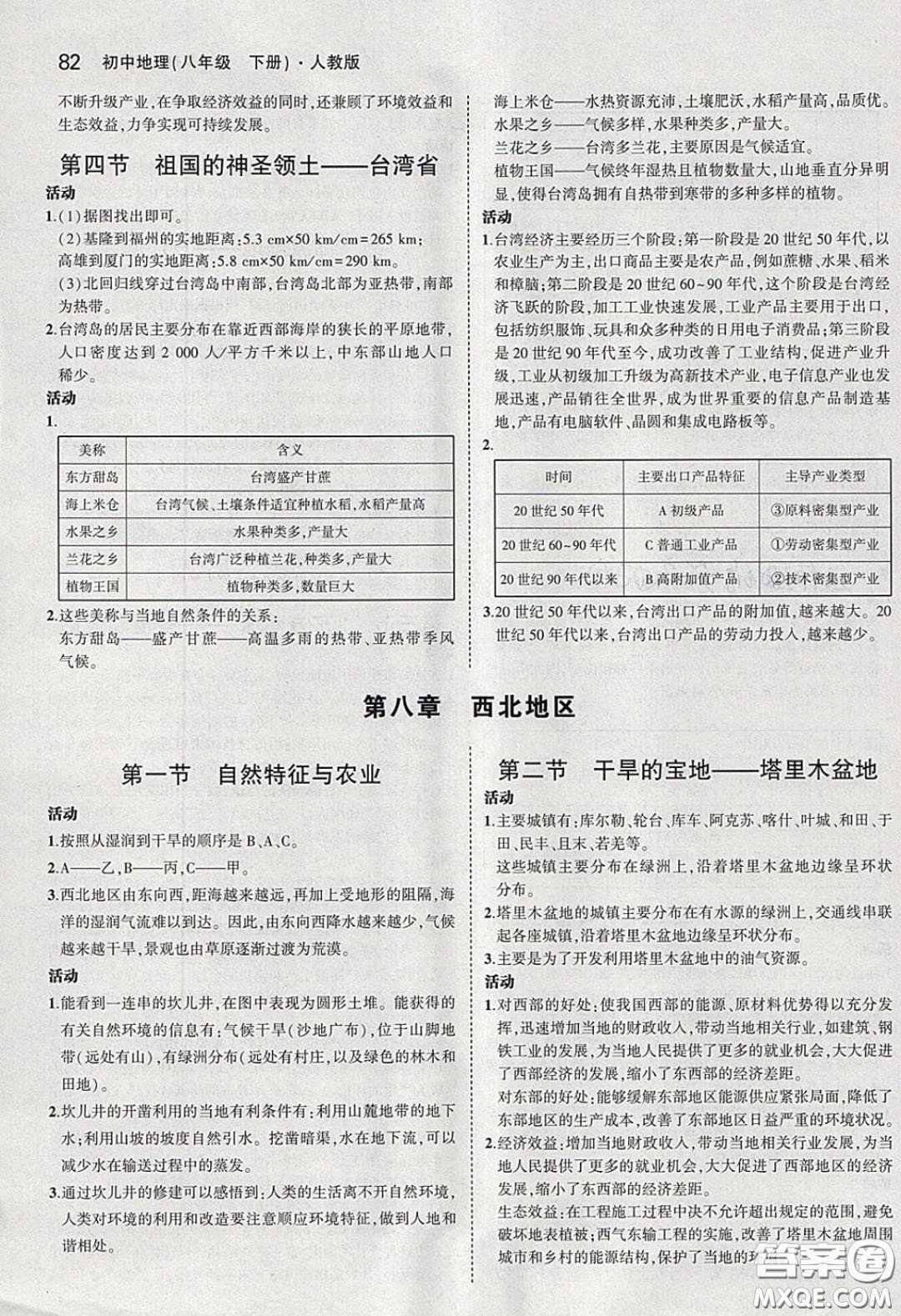 人民教育出版社2020義務教育教科書八年級地理下冊人教版教材課后習題答案