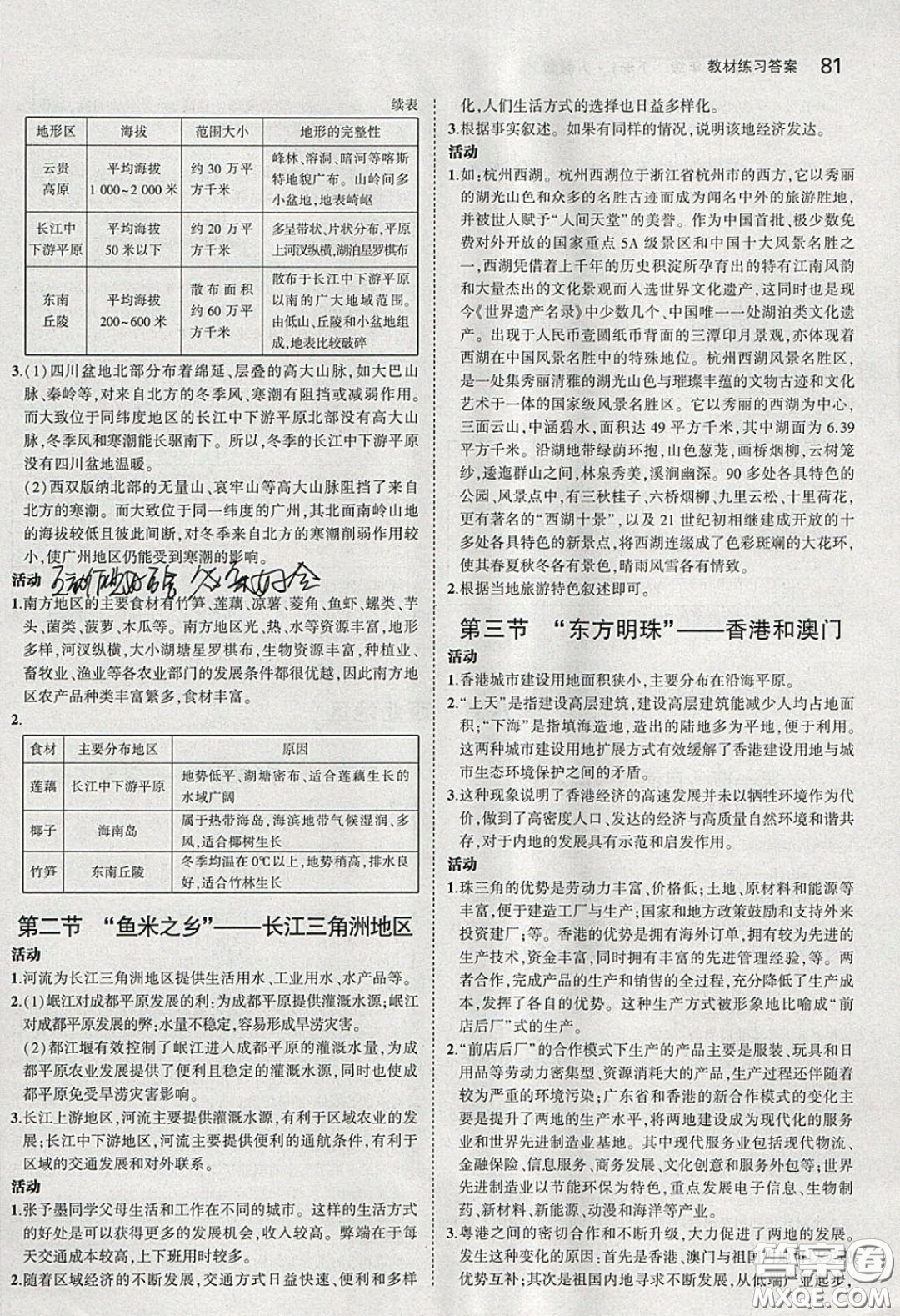 人民教育出版社2020義務教育教科書八年級地理下冊人教版教材課后習題答案