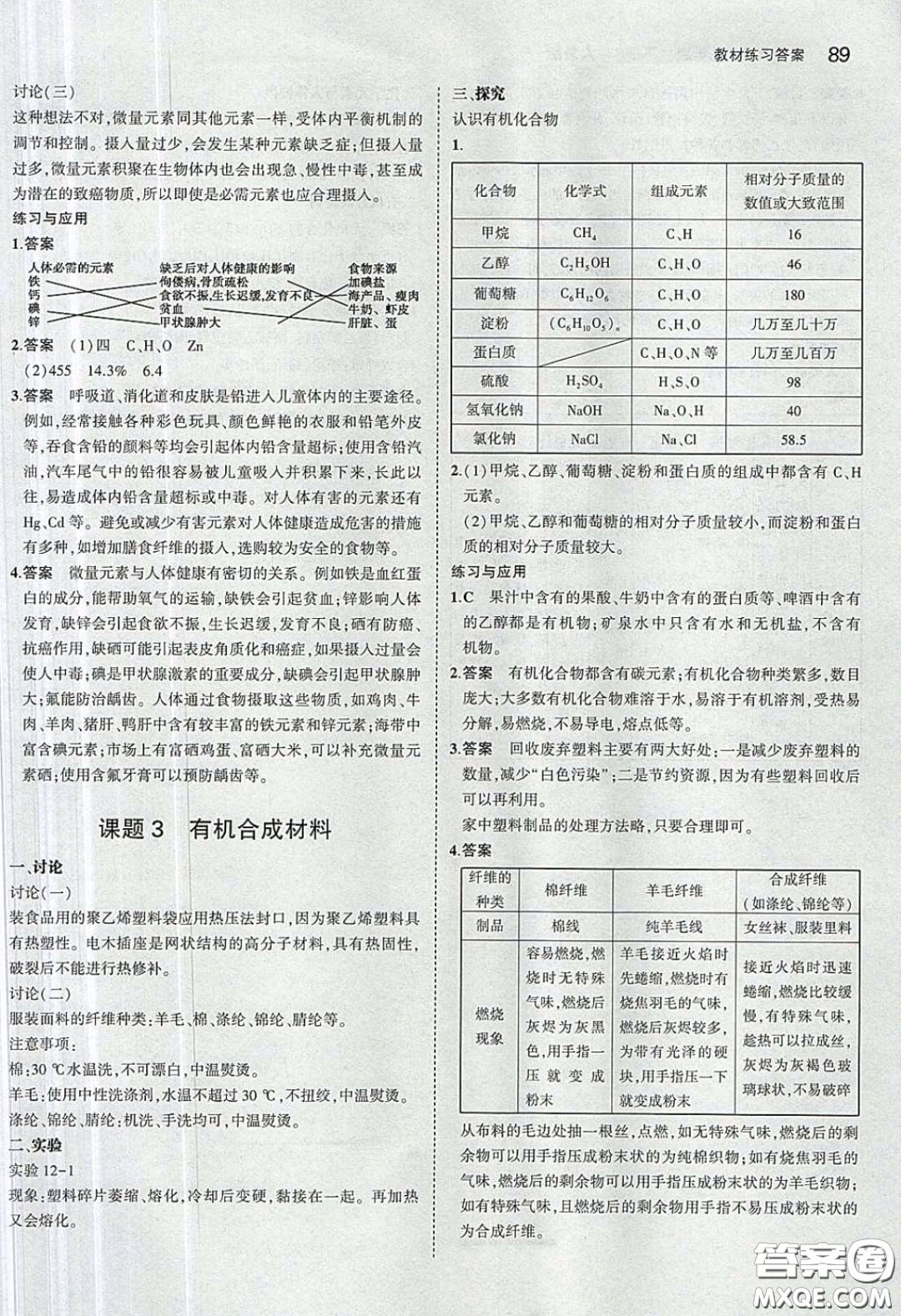 人民教育出版社2020義務教育教科書九年級化學下冊人教版教材課后習題答案