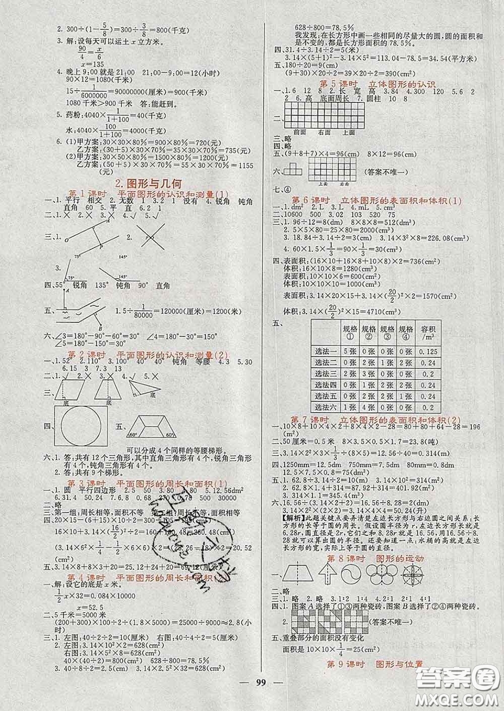 沈陽出版社2020春課堂點(diǎn)睛六年級(jí)數(shù)學(xué)下冊(cè)蘇教版答案