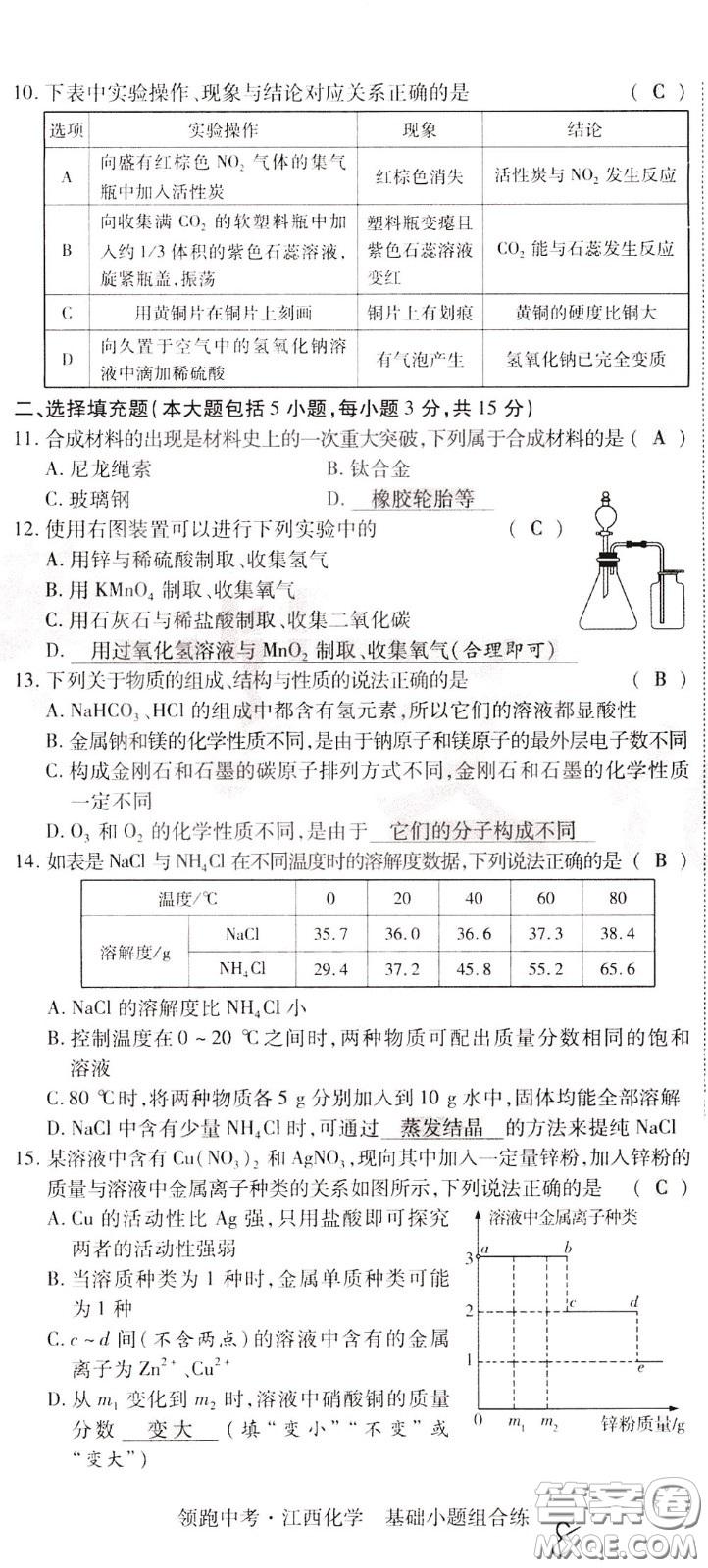 典學文化2020全新版領(lǐng)跑中考化學江西專用教師用書參考答案