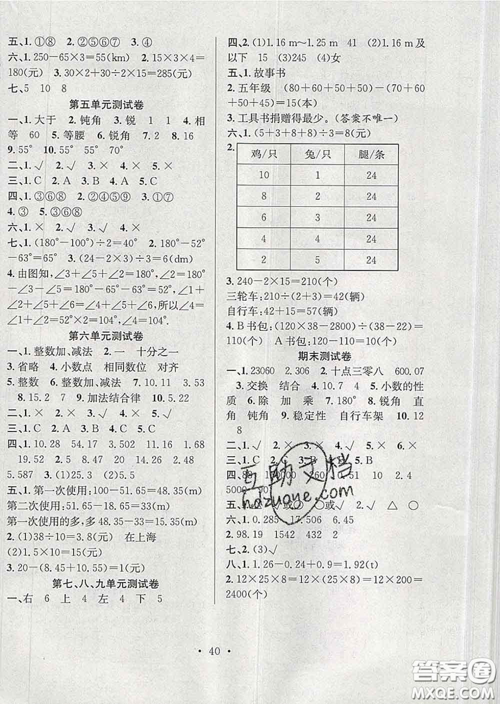 合肥工業(yè)大學出版社2020全頻道課時作業(yè)四年級數學下冊人教版答案