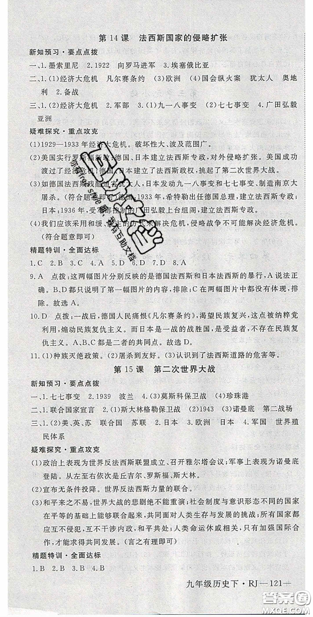 延邊大學出版2020優(yōu)翼學練優(yōu)九年級歷史下冊人教版答案