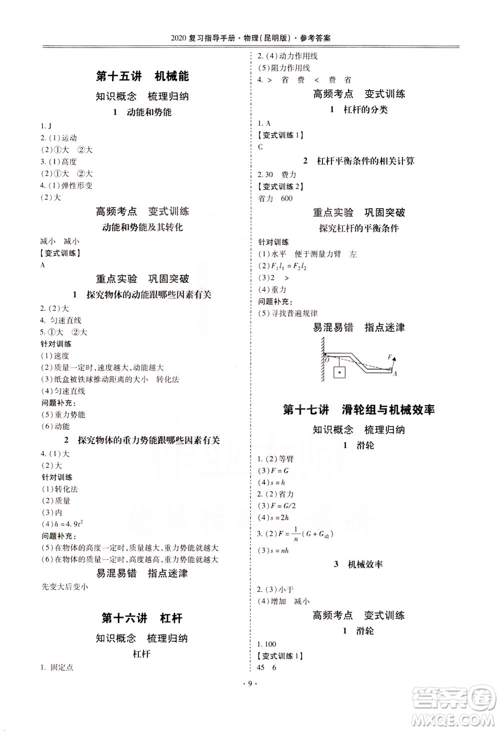 2020年昆明市初中學(xué)業(yè)水平考試復(fù)習(xí)指導(dǎo)手冊(cè)物理參考答案