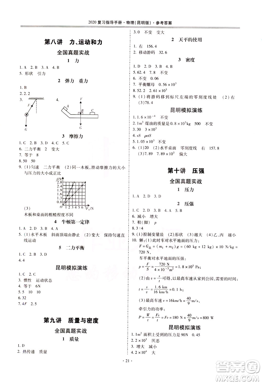 2020年昆明市初中學(xué)業(yè)水平考試復(fù)習(xí)指導(dǎo)手冊(cè)物理參考答案