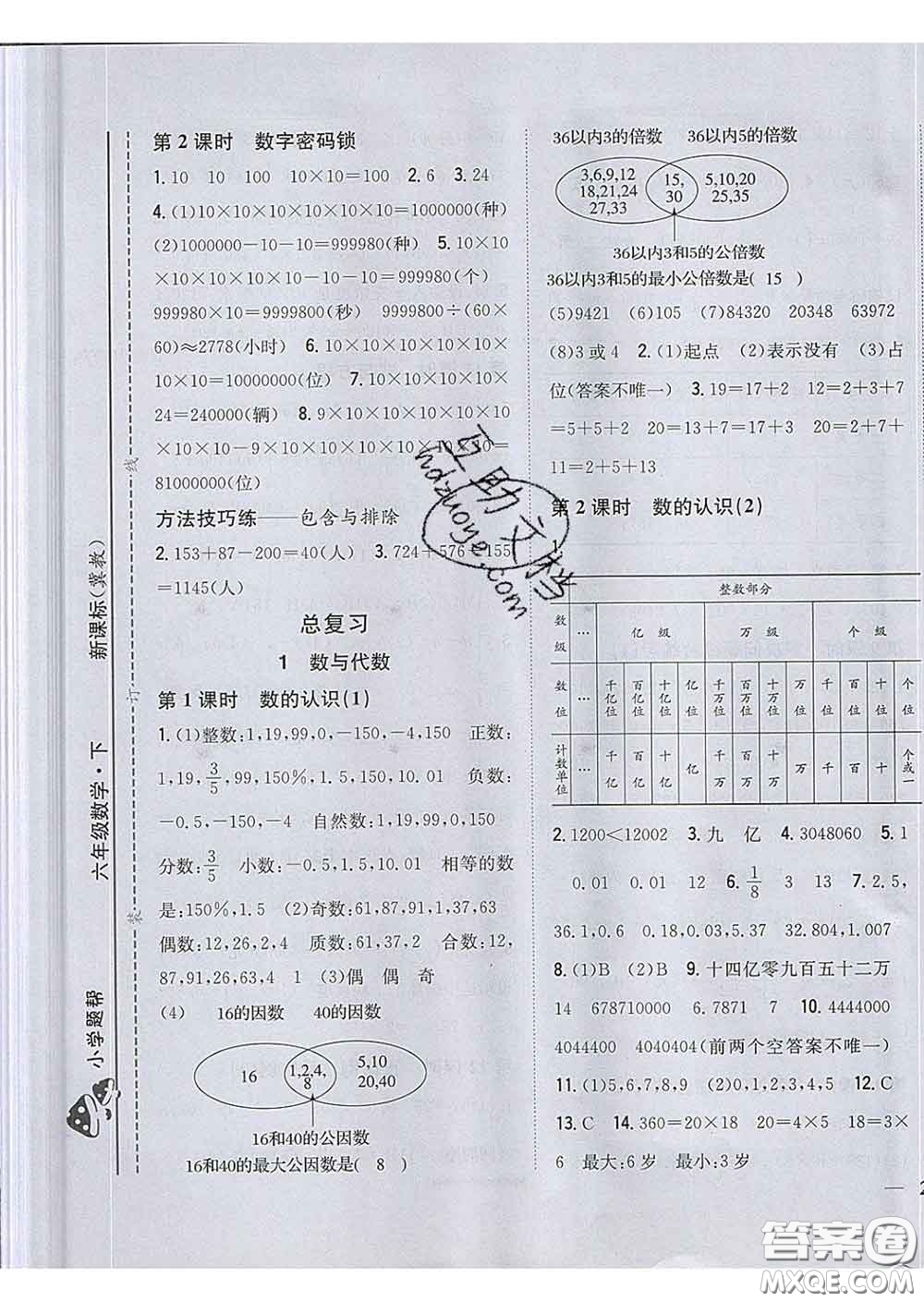 2020春梓耕書系小學(xué)題幫六年級數(shù)學(xué)下冊冀教版答案