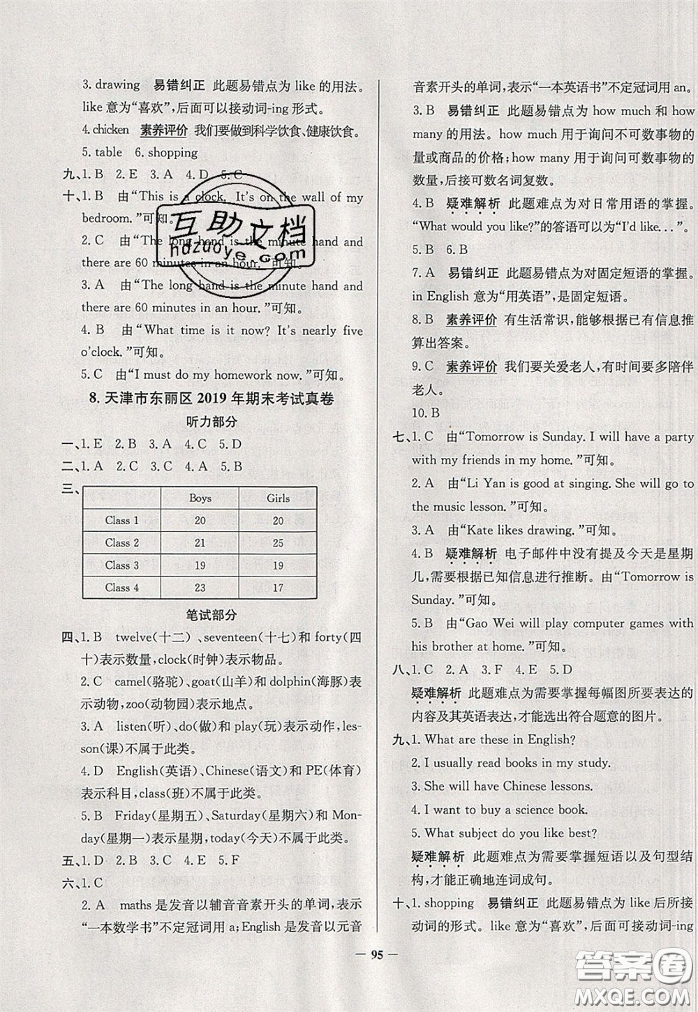 2020年真題圈天津市小學(xué)考試真卷三步練四年級下冊英語參考答案