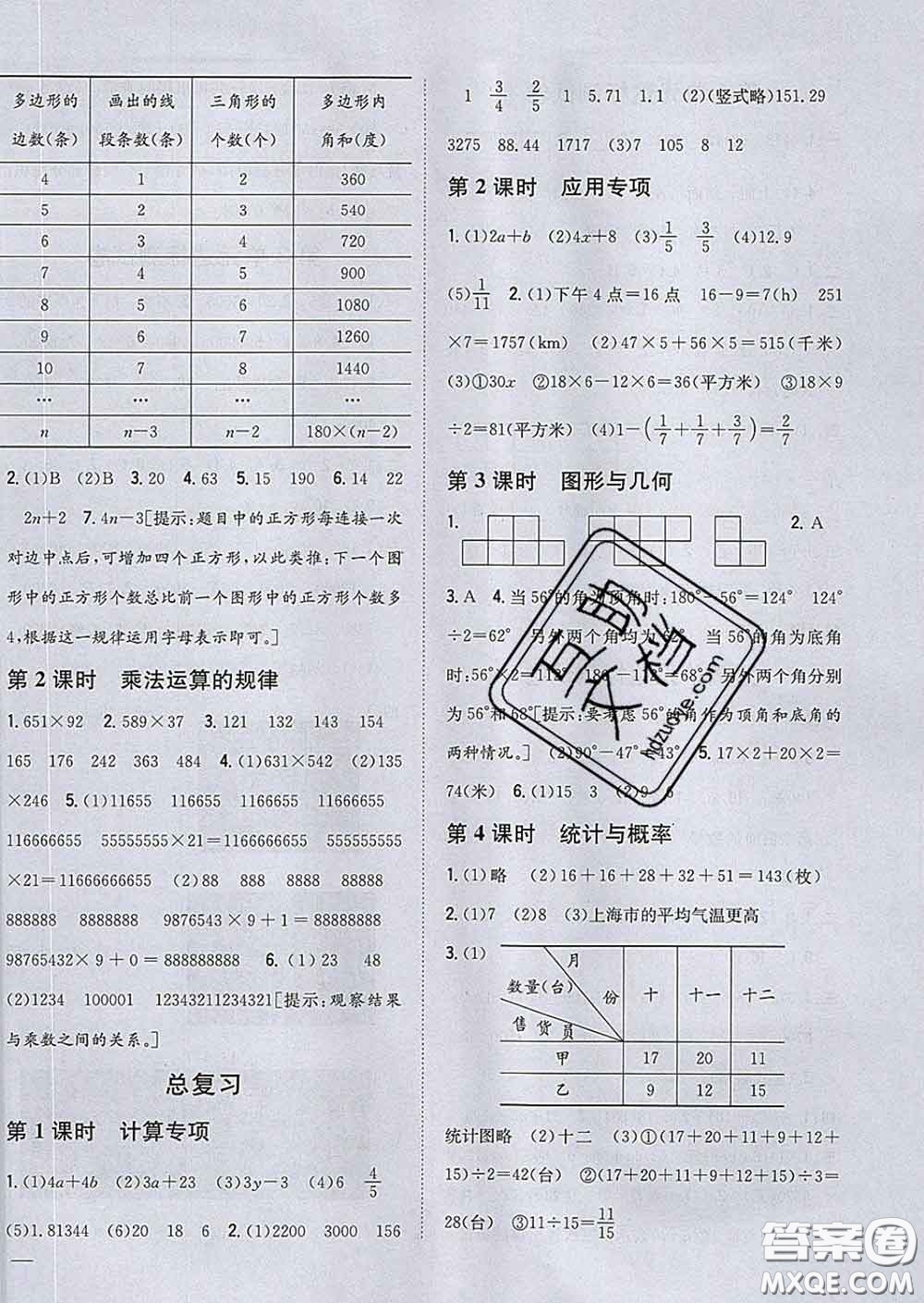 2020春梓耕書系小學題幫四年級數(shù)學下冊冀教版答案