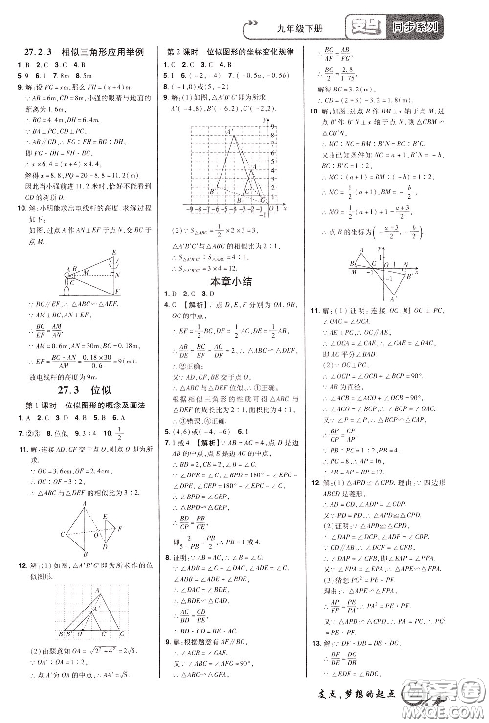 2020年支點數(shù)學九年級下冊RJ版人教版江西專版參考答案