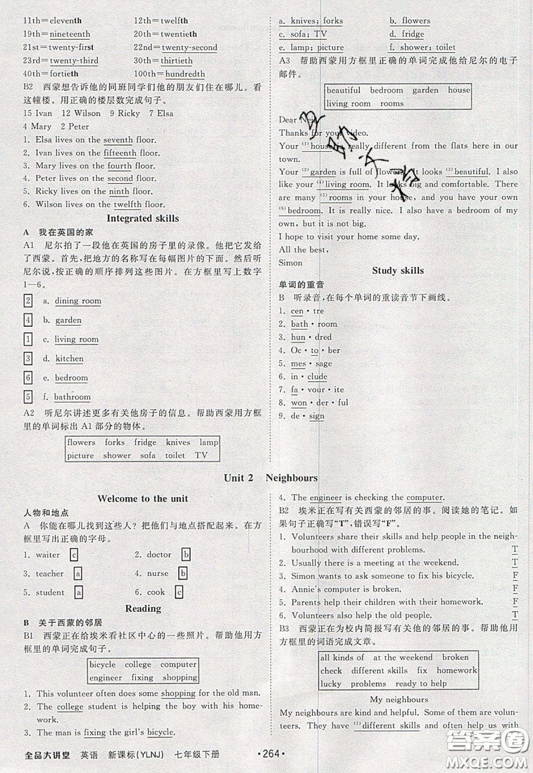 2020春全品大講堂初中英語七年級(jí)下冊(cè)譯林牛津版參考答案