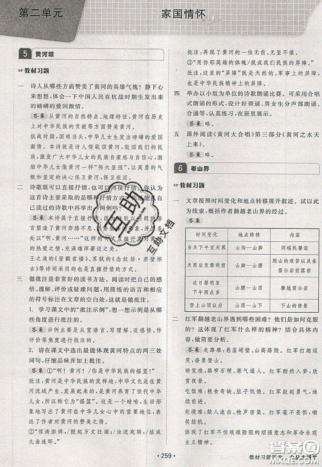 2020春全品大講堂初中語(yǔ)文七年級(jí)下冊(cè)新課標(biāo)RJ人教版參考答案