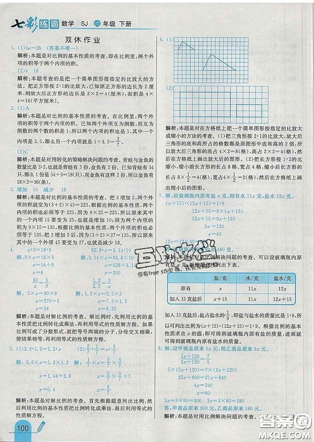 河北教育出版社2020新版七彩練霸六年級(jí)數(shù)學(xué)下冊蘇教版答案