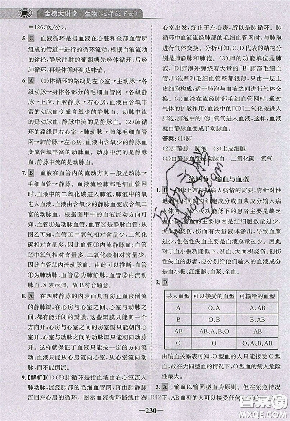 世紀(jì)金榜2020新版金榜大講堂七年級(jí)下冊(cè)生物人教版RJ參考答案