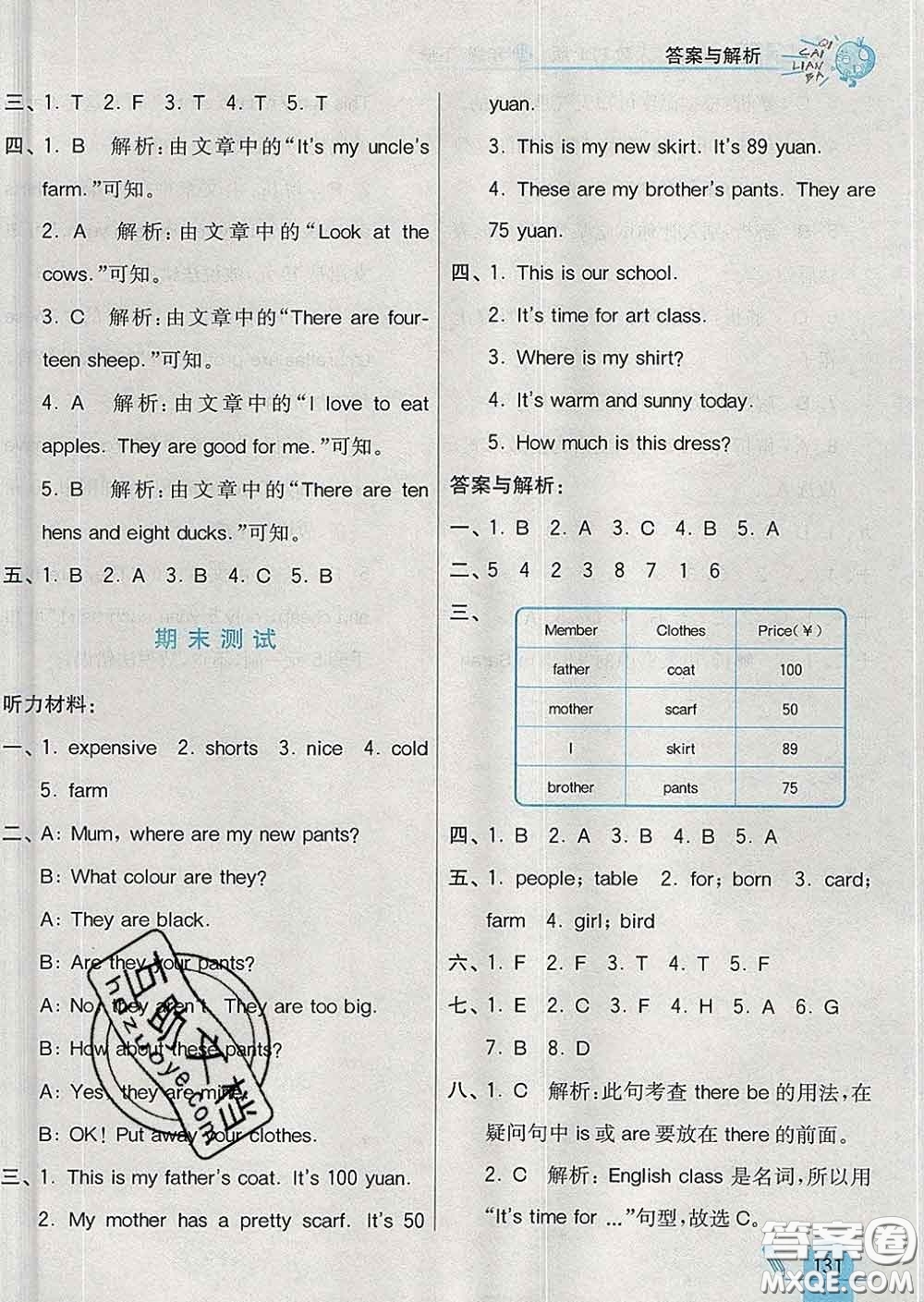 河北教育出版社2020新版七彩練霸四年級(jí)英語(yǔ)下冊(cè)人教版答案