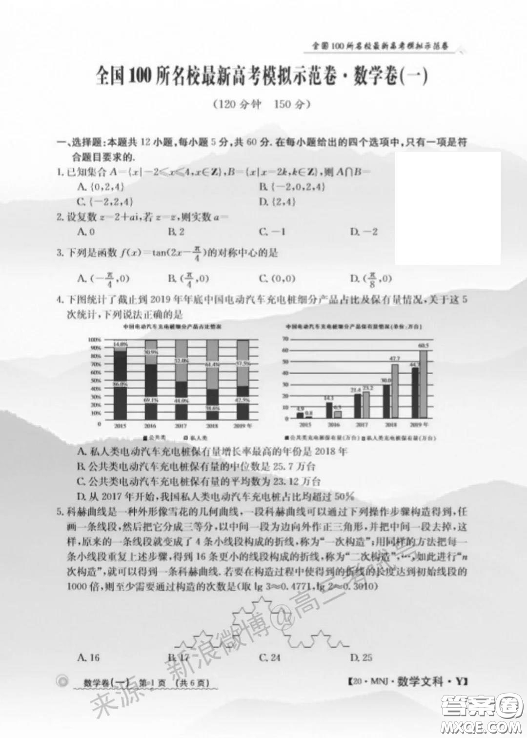 2020年全國100所名校最新高考模擬示范卷一數(shù)學試題及答案