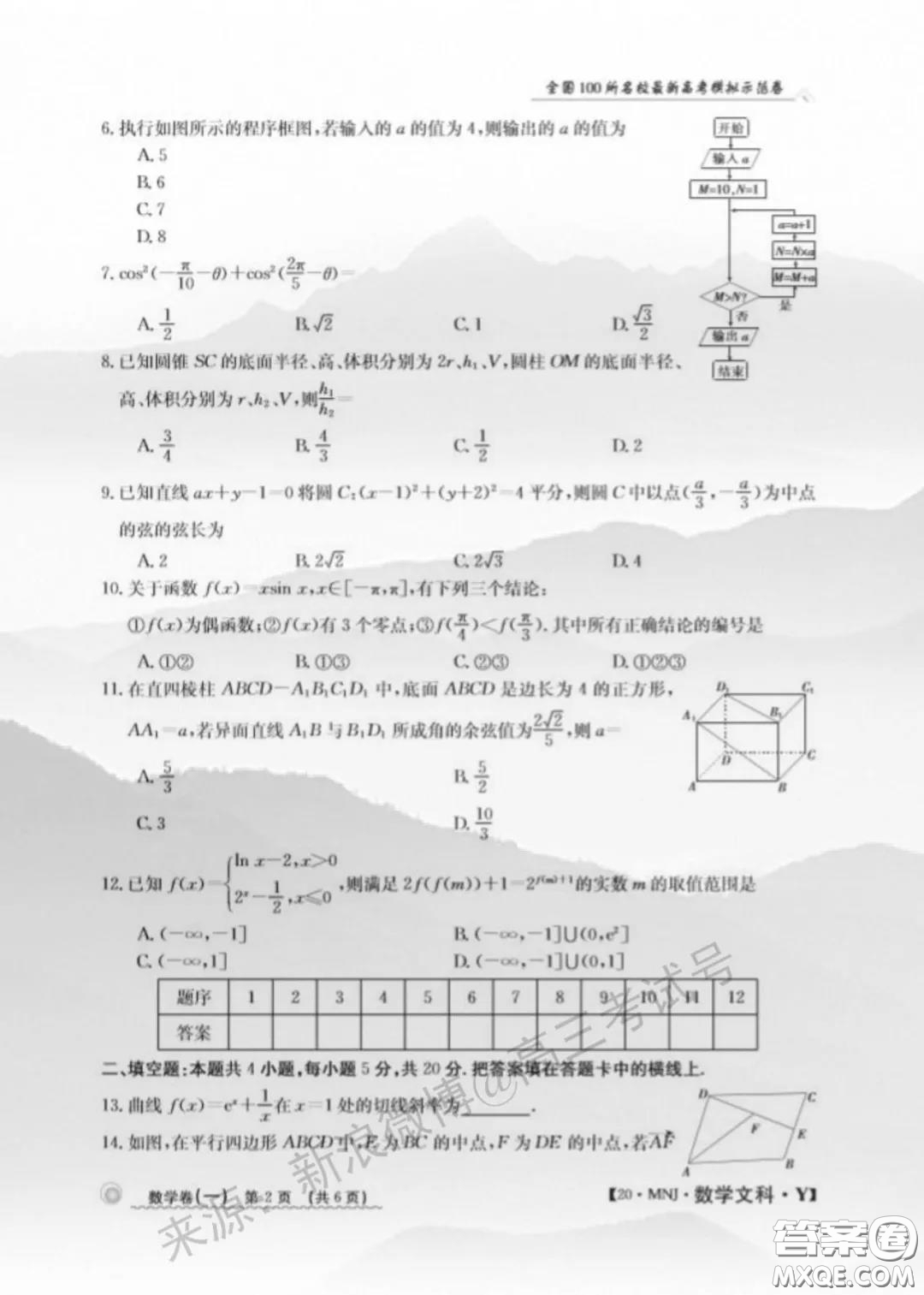 2020年全國100所名校最新高考模擬示范卷一數(shù)學試題及答案