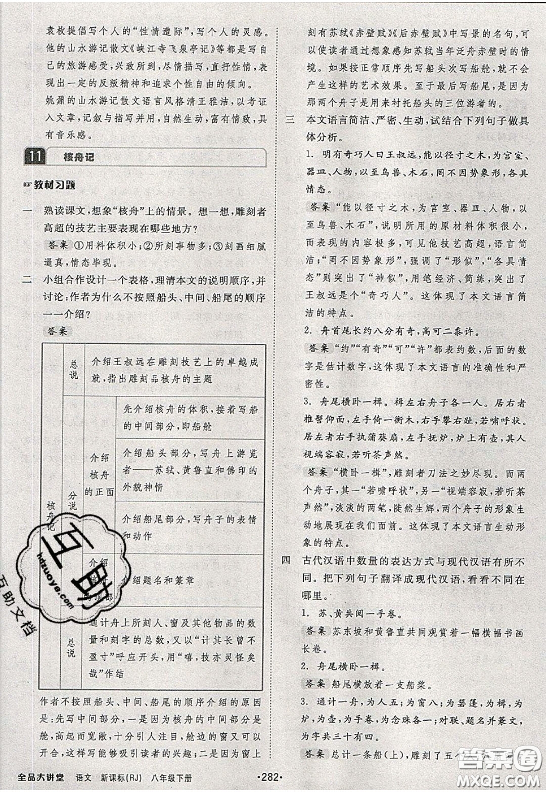 2020春全品大講堂初中語(yǔ)文八年級(jí)下冊(cè)新課標(biāo)RJ人教版參考答案