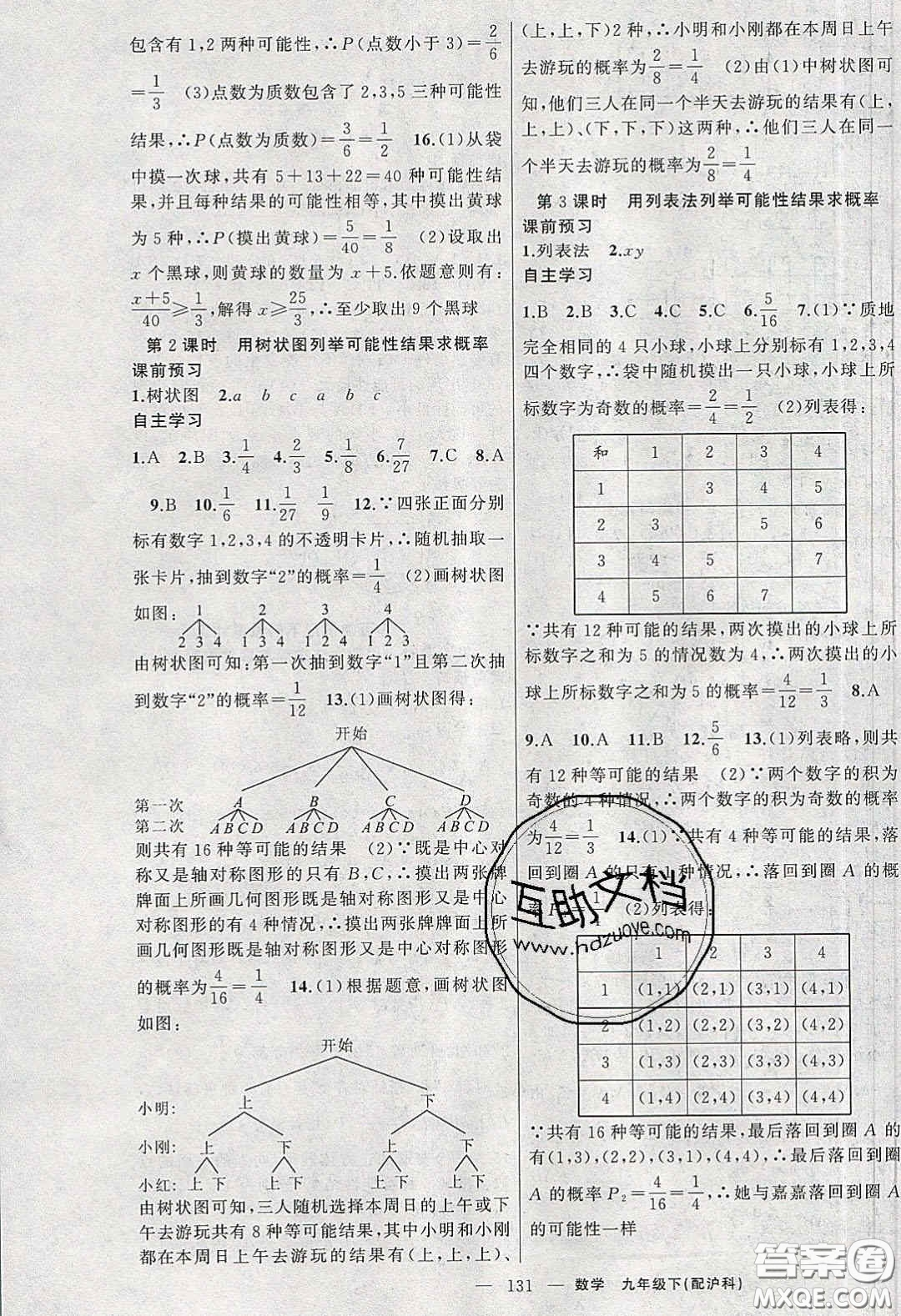 2020原創(chuàng)新課堂九年級(jí)數(shù)學(xué)下冊(cè)滬科版答案